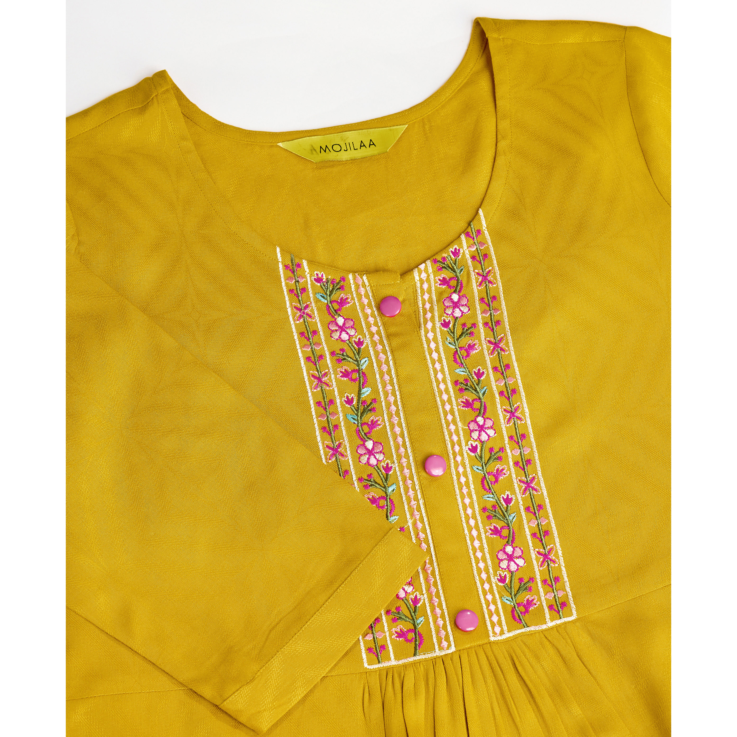 MOJILAA Women's Mustard Pure Viscose Floral Embroidered A-line Top (Size S, Color Mustard)
