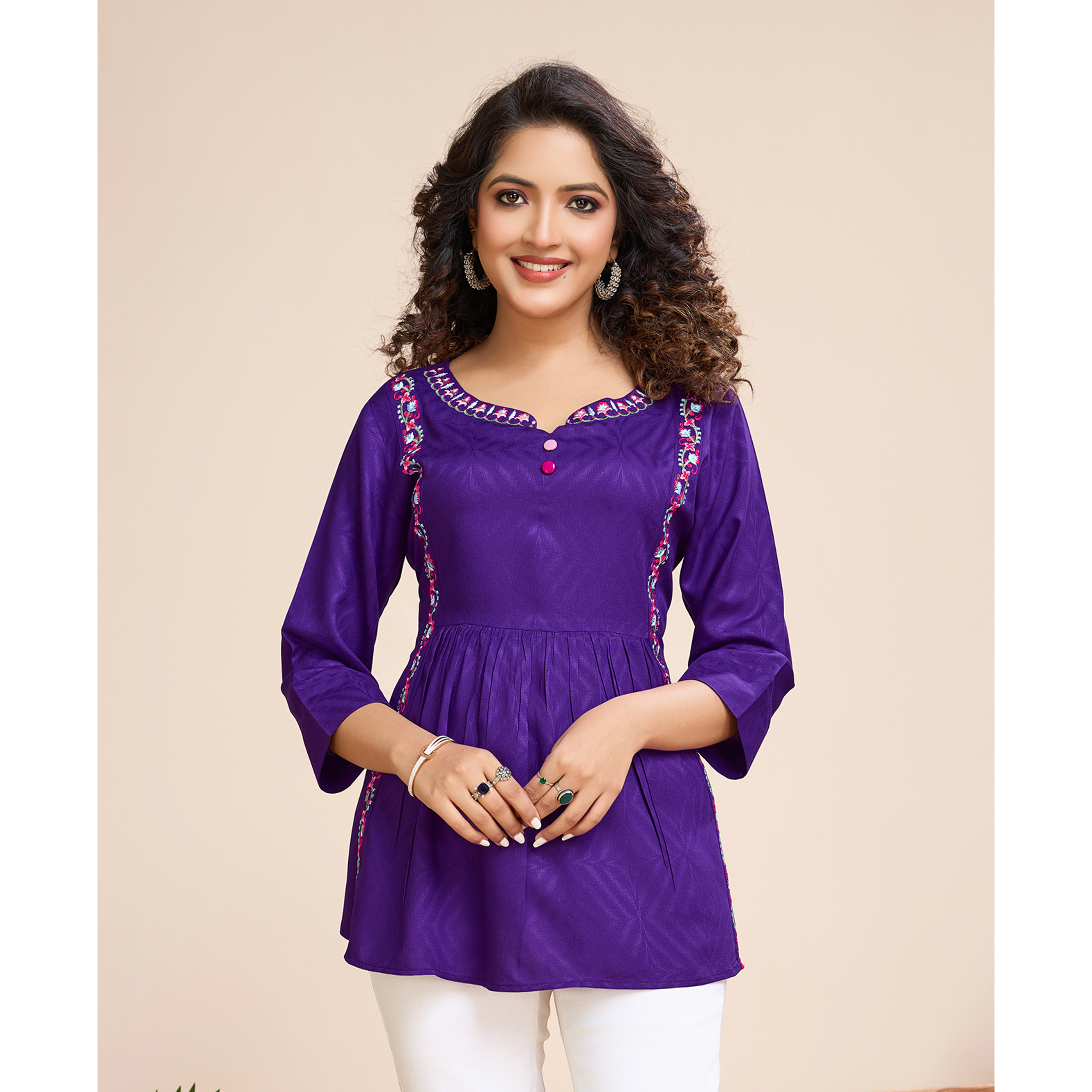 MOJILAA Women's Purple Pure Viscose Floral Embroidered Gathered or Pleated Top (Size S, Color Purple)