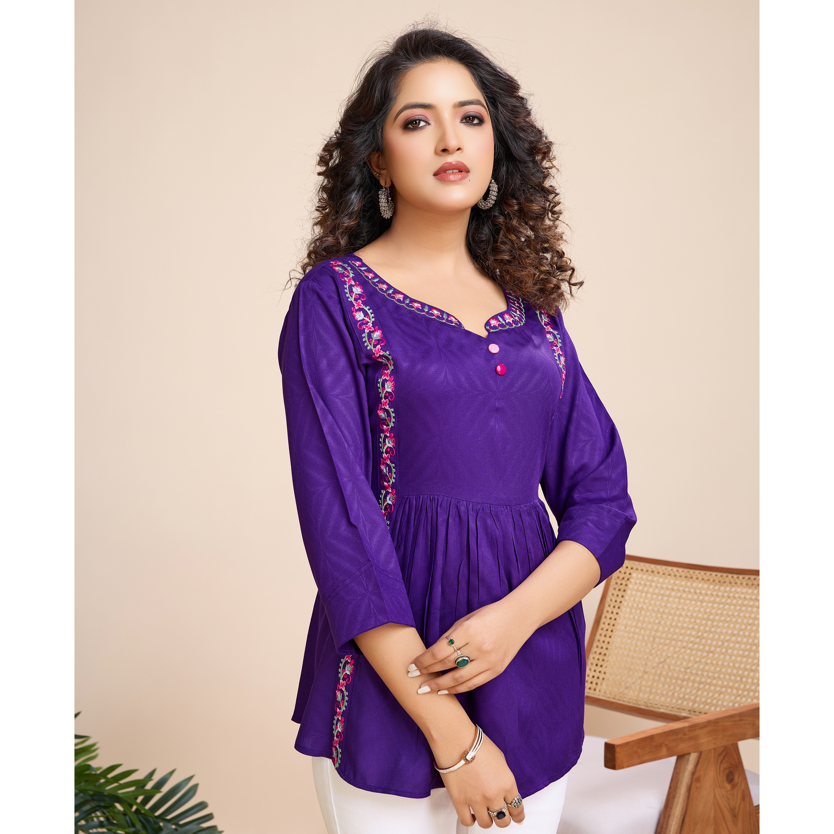 MOJILAA Women's Purple Pure Viscose Floral Embroidered Gathered or Pleated Top (Size S, Color Purple)