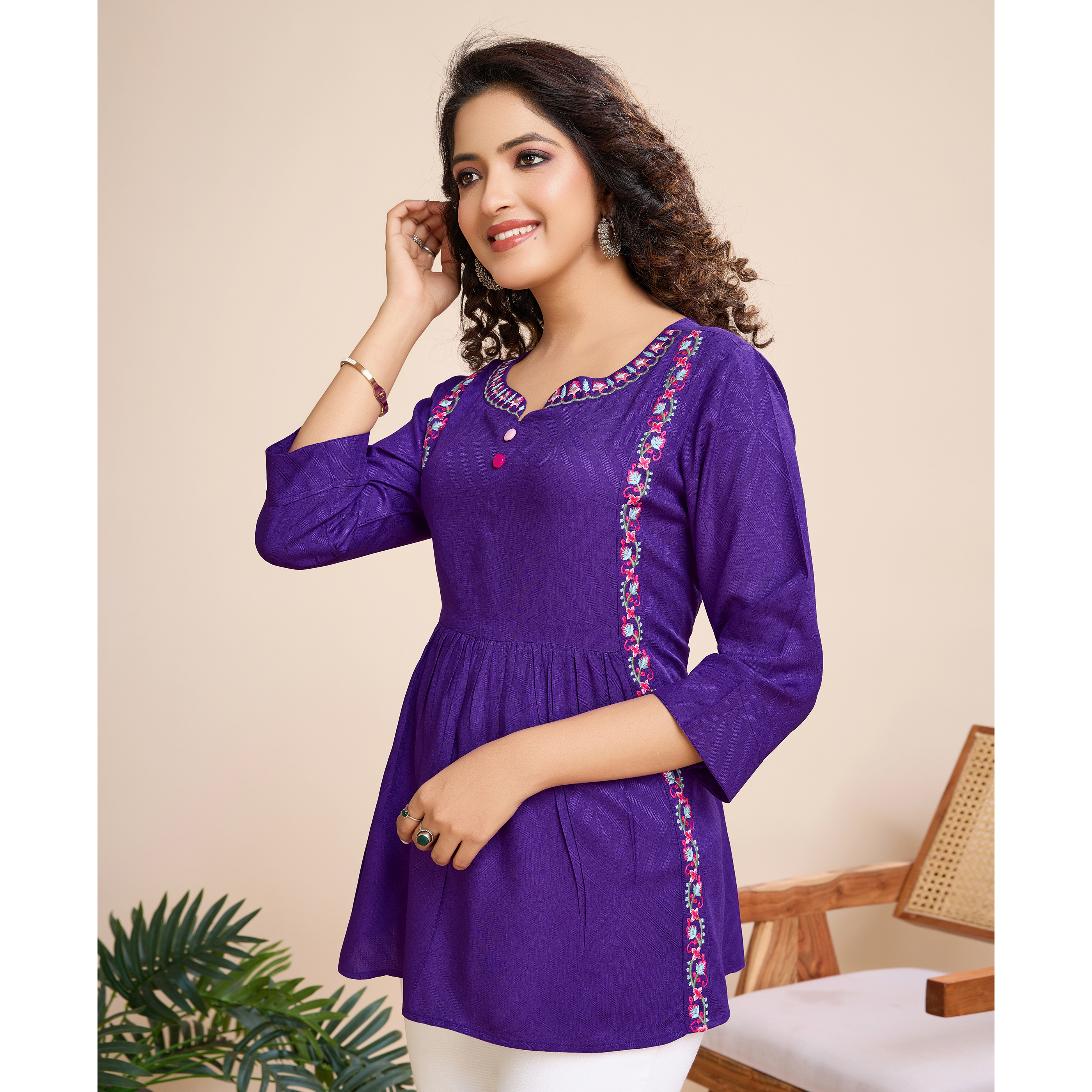 MOJILAA Women's Purple Pure Viscose Floral Embroidered Gathered or Pleated Top (Size S, Color Purple)
