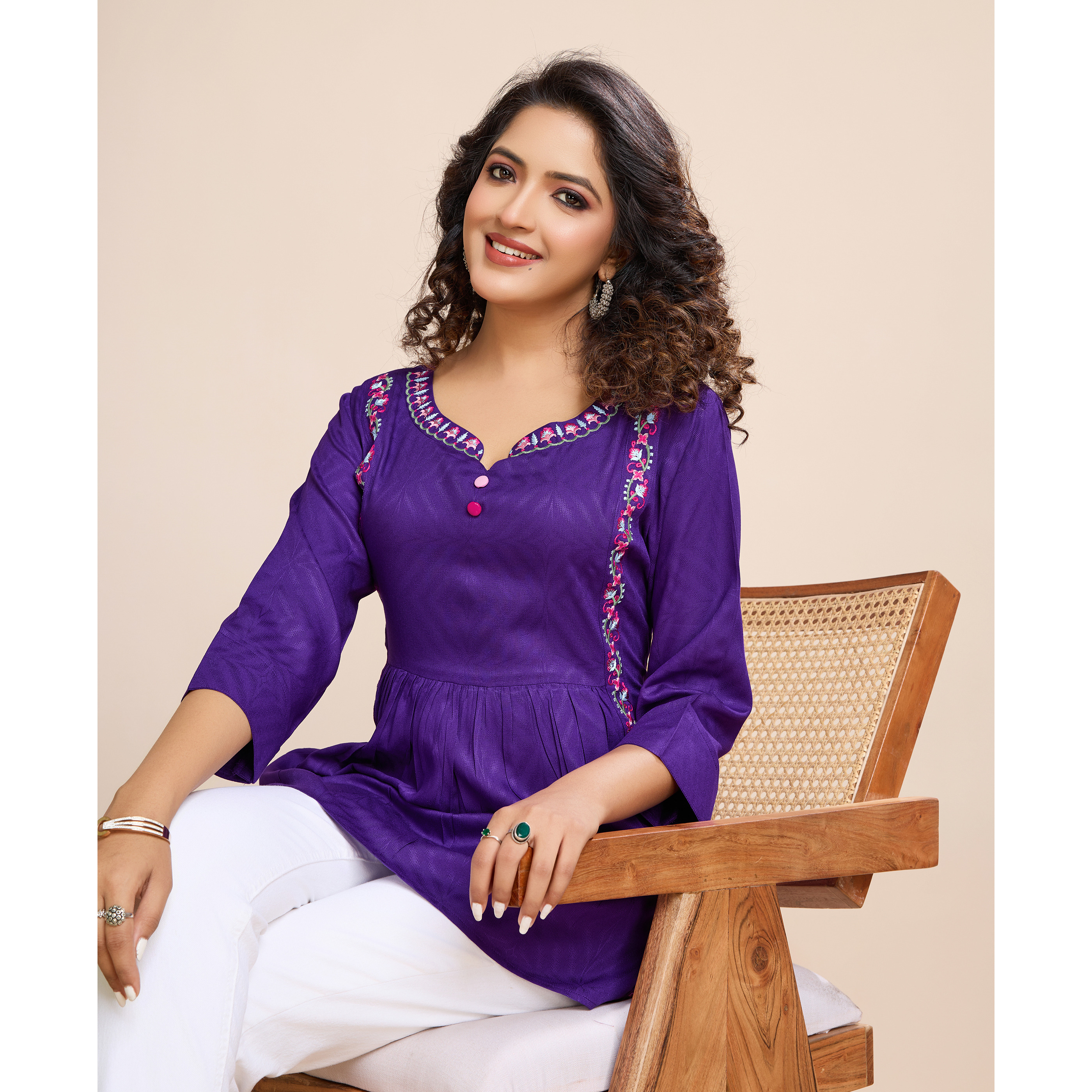 MOJILAA Women's Purple Pure Viscose Floral Embroidered Gathered or Pleated Top (Size S, Color Purple)