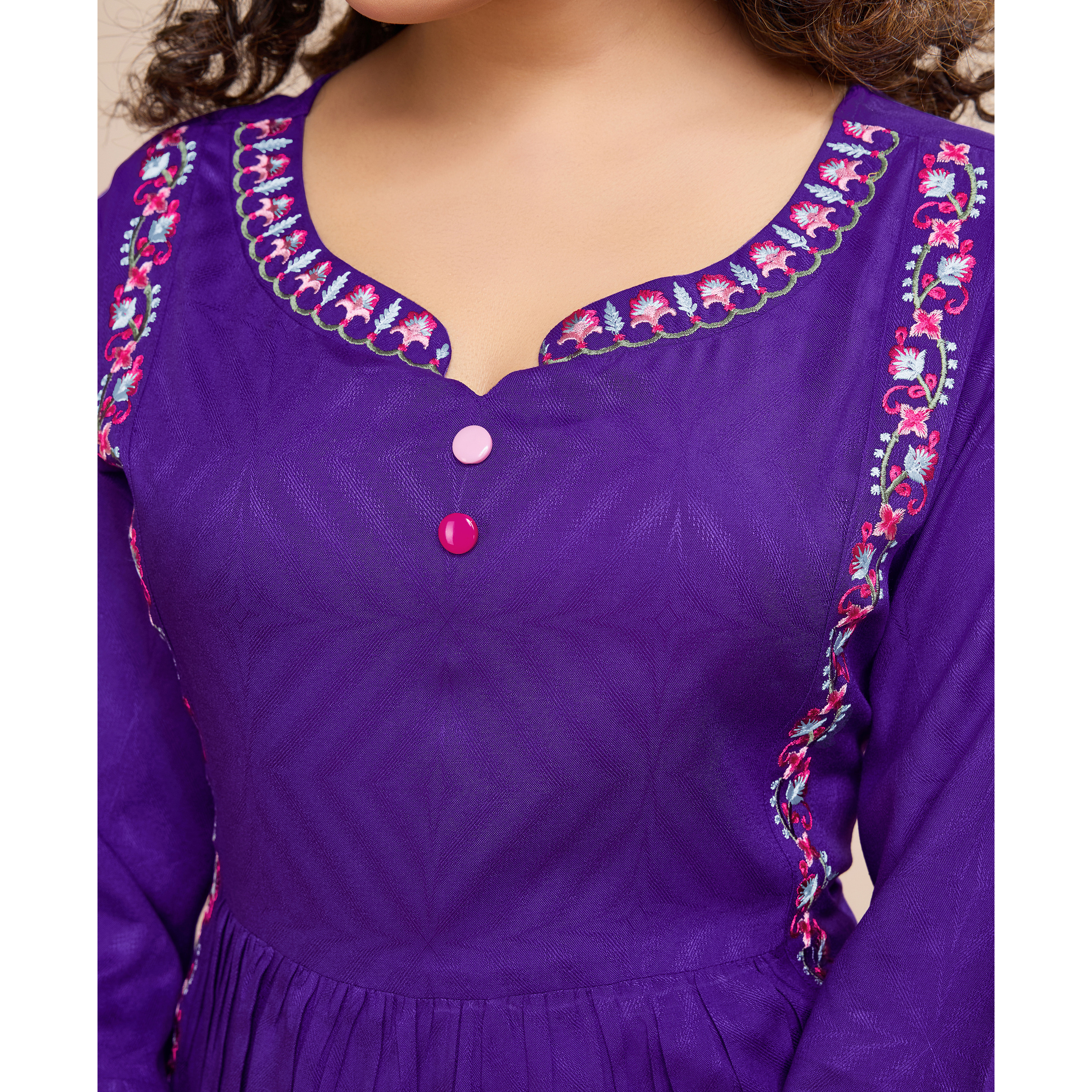 MOJILAA Women's Purple Pure Viscose Floral Embroidered Gathered or Pleated Top (Size S, Color Purple)