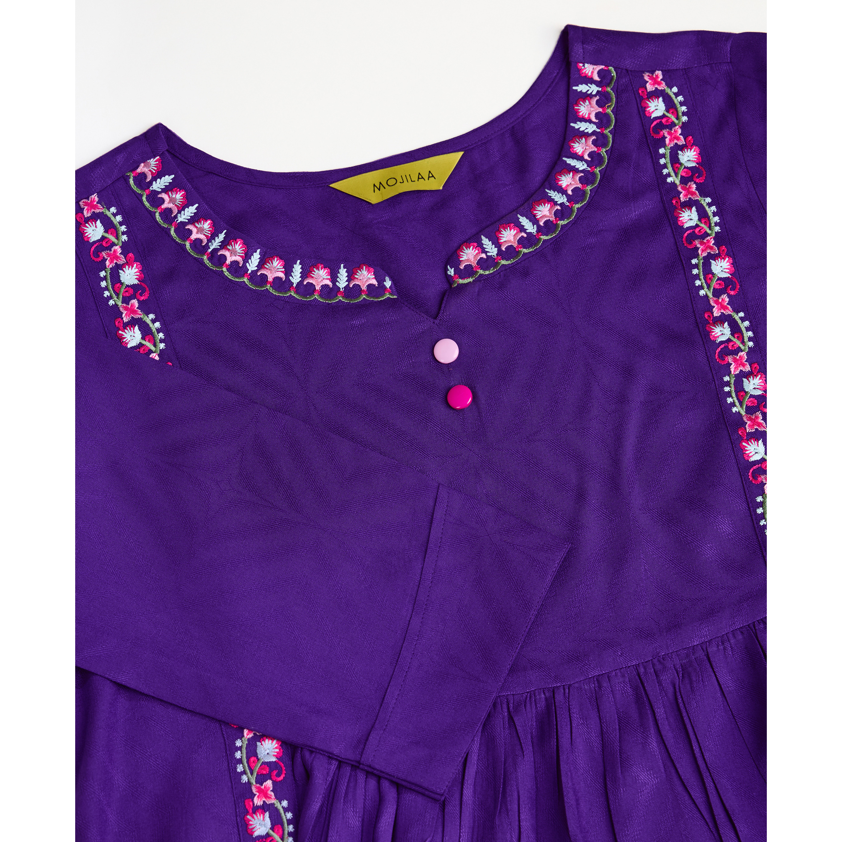 MOJILAA Women's Purple Pure Viscose Floral Embroidered Gathered or Pleated Top (Size S, Color Purple)