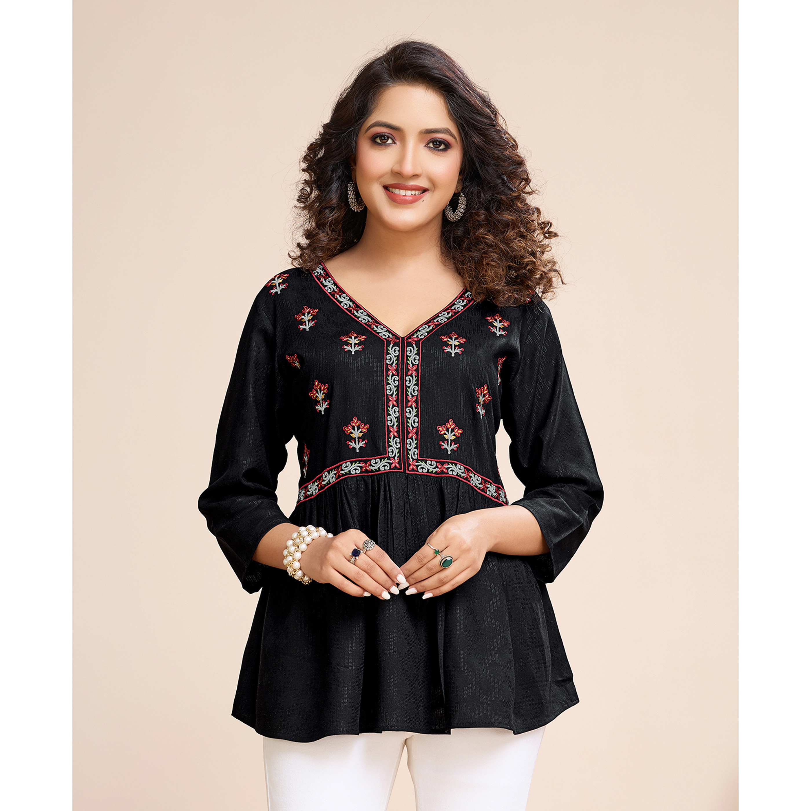 MOJILAA Women's Black Pure Viscose Floral Embroidered Peplum Top