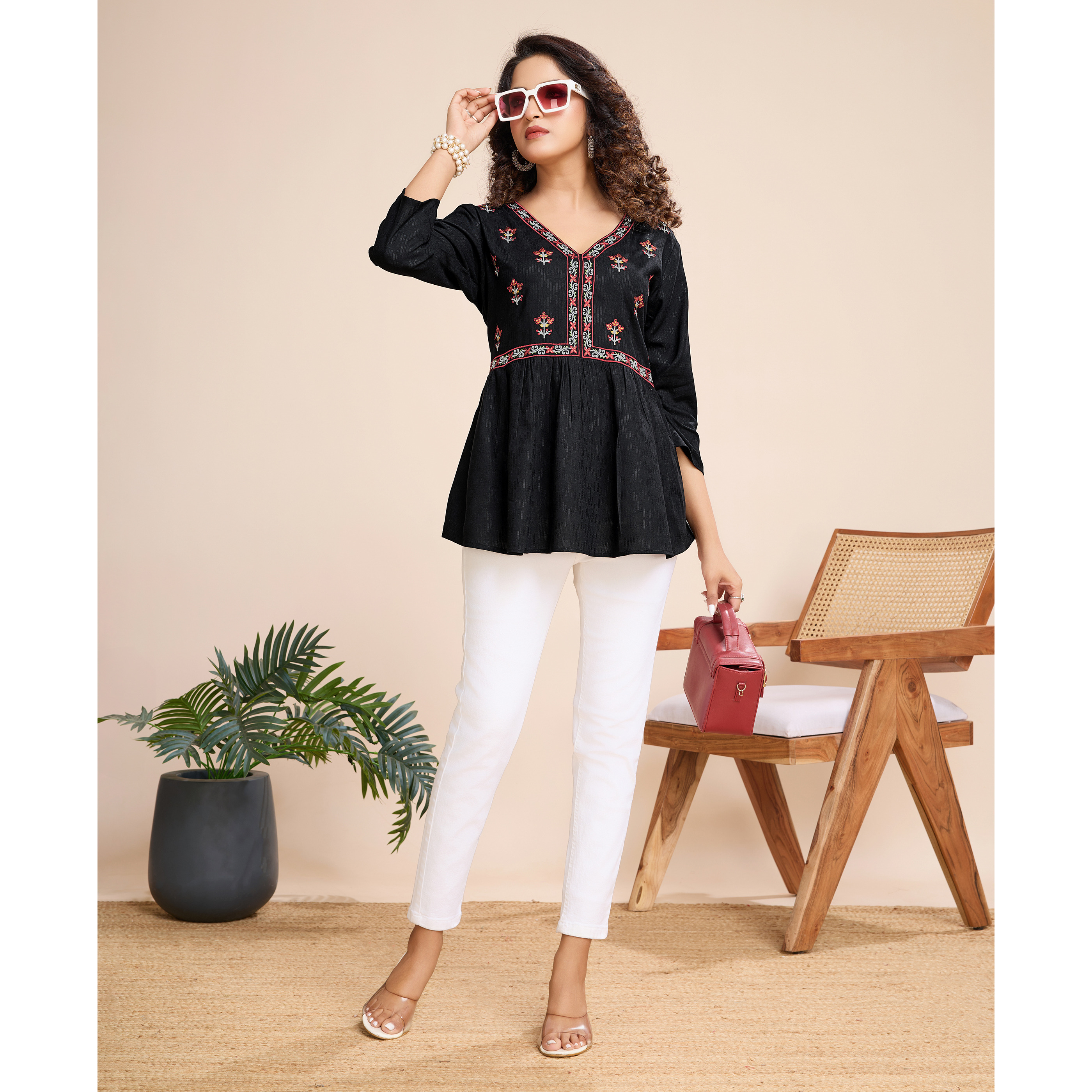 MOJILAA Women's Black Pure Viscose Floral Embroidered Peplum Top (Size S, Color Black)