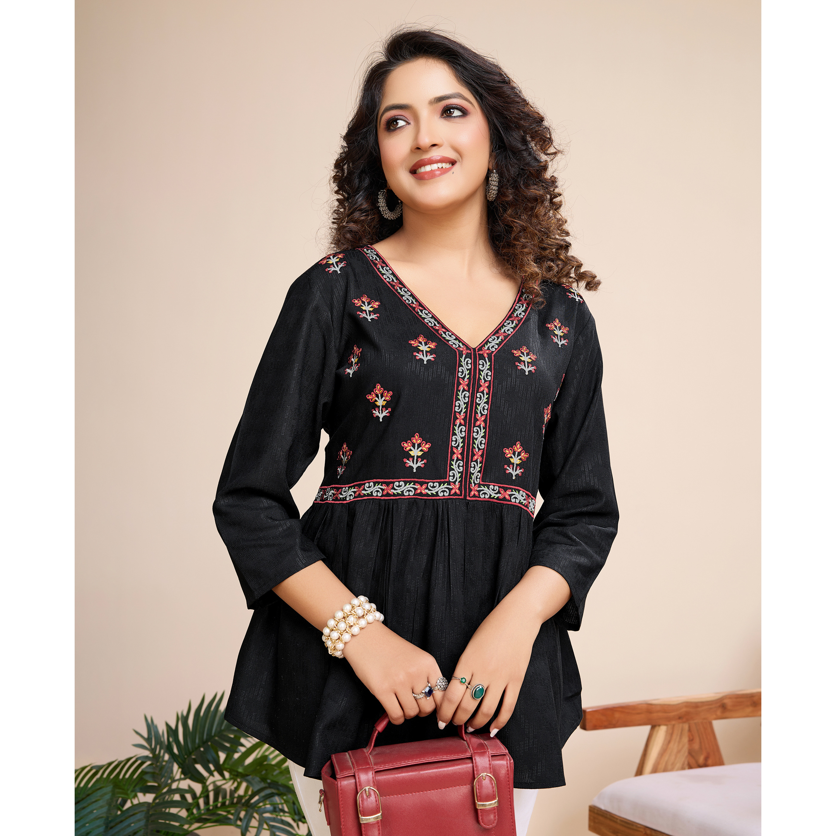 MOJILAA Women's Black Pure Viscose Floral Embroidered Peplum Top (Size S, Color Black)