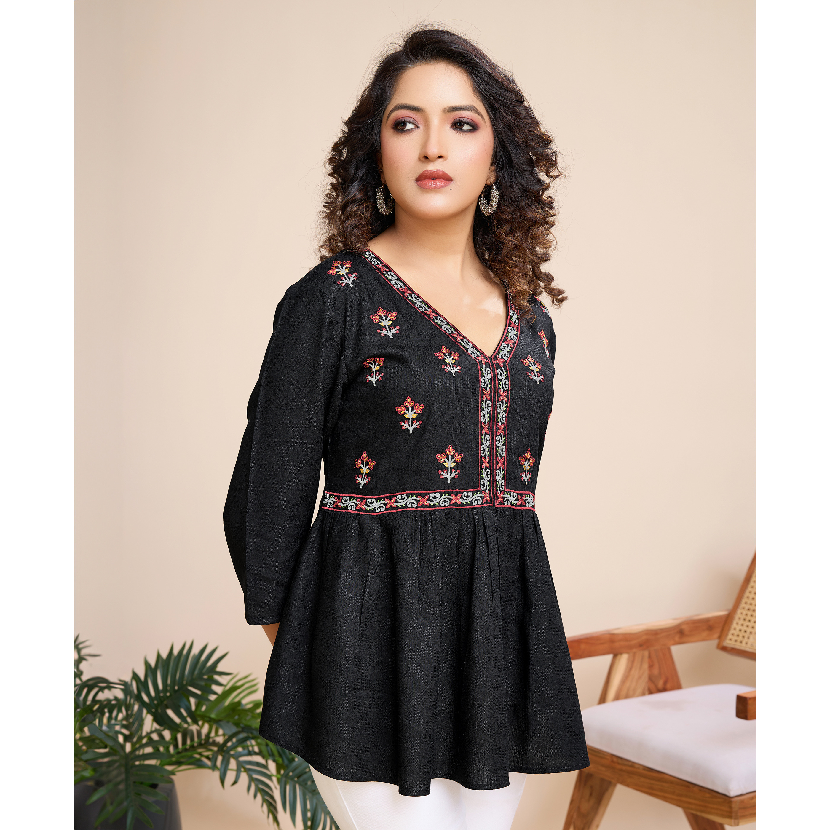 MOJILAA Women's Black Pure Viscose Floral Embroidered Peplum Top (Size S, Color Black)