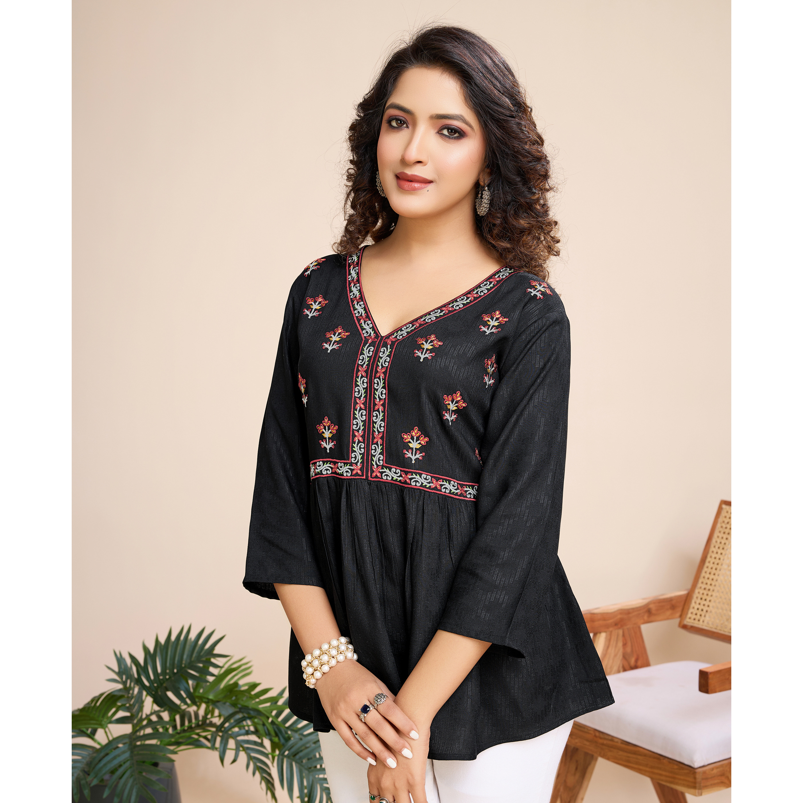 MOJILAA Women's Black Pure Viscose Floral Embroidered Peplum Top (Size S, Color Black)