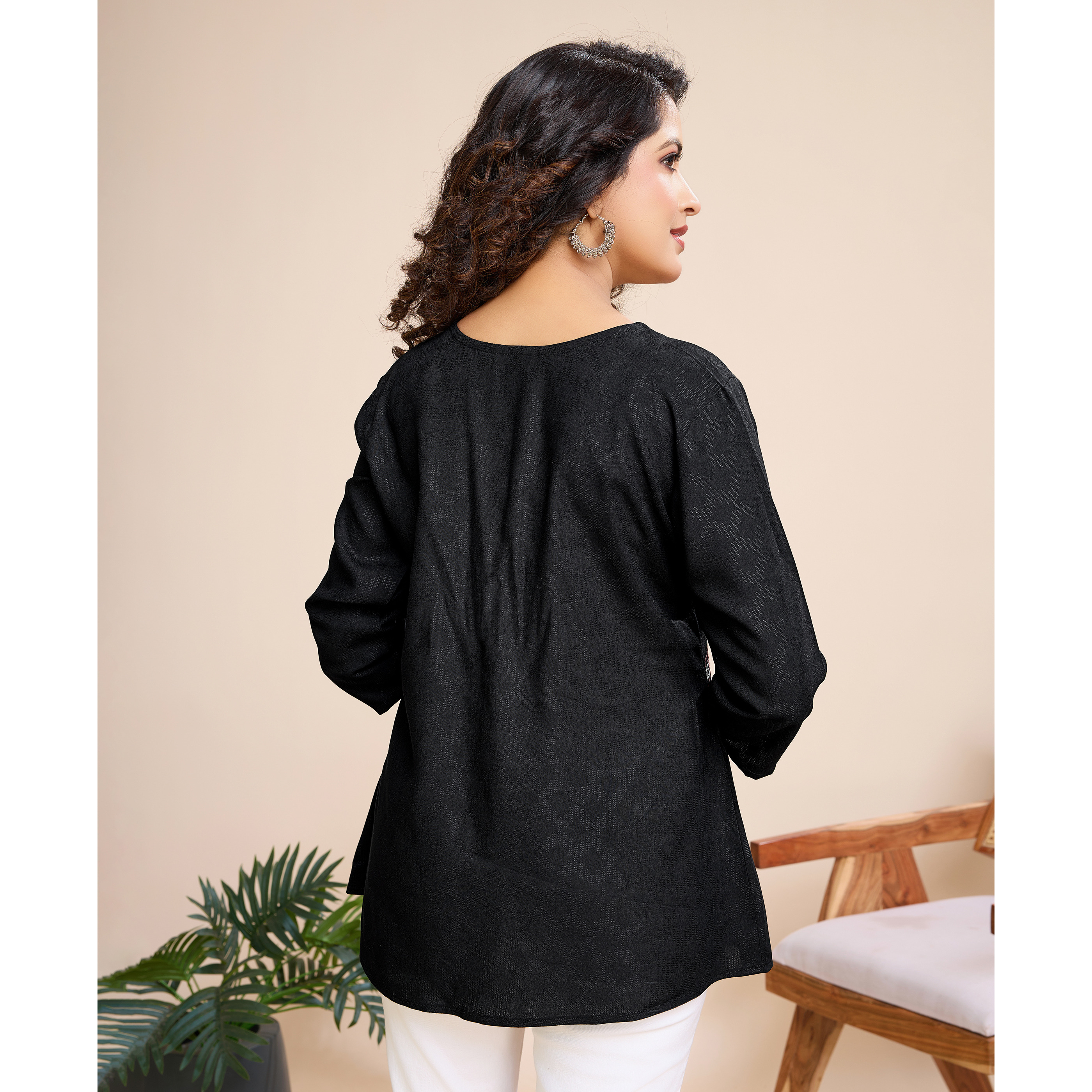 MOJILAA Women's Black Pure Viscose Floral Embroidered Peplum Top (Size S, Color Black)