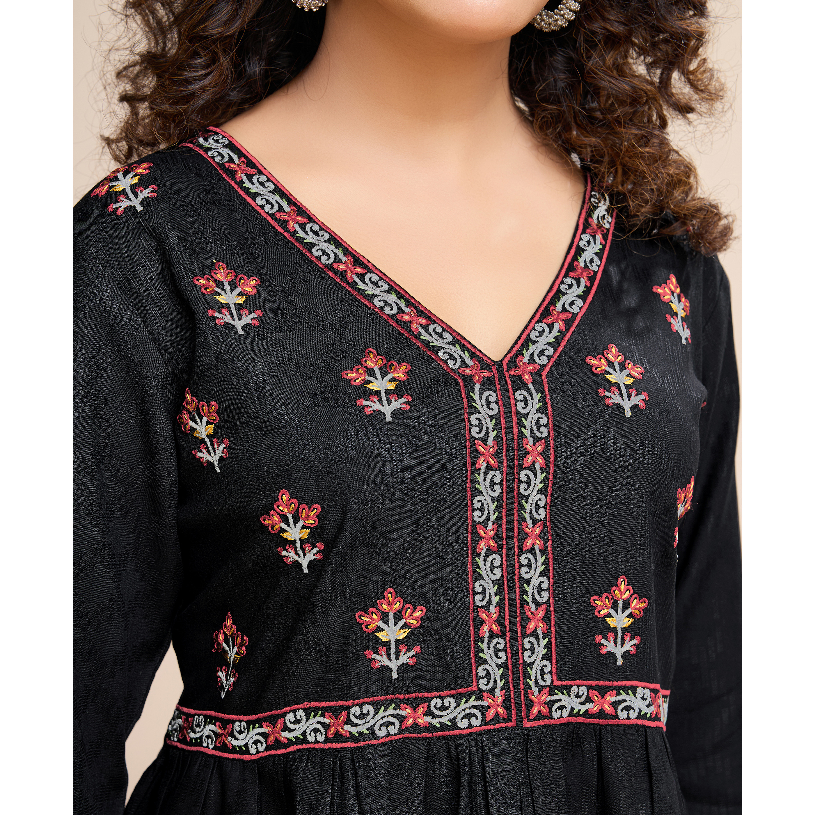 MOJILAA Women's Black Pure Viscose Floral Embroidered Peplum Top (Size S, Color Black)