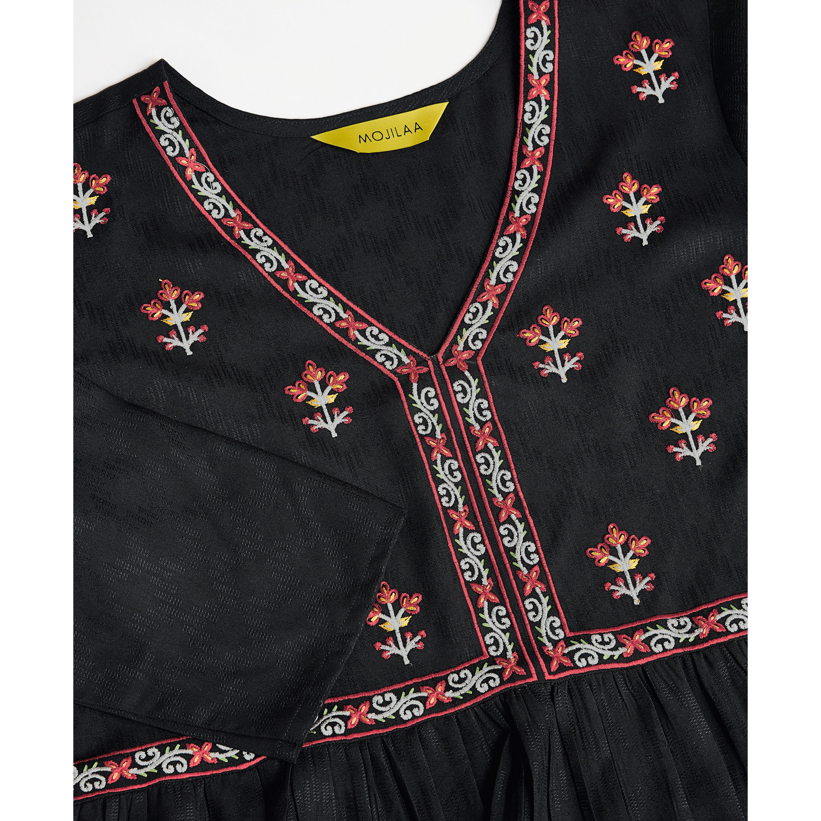 MOJILAA Women's Black Pure Viscose Floral Embroidered Peplum Top (Size S, Color Black)