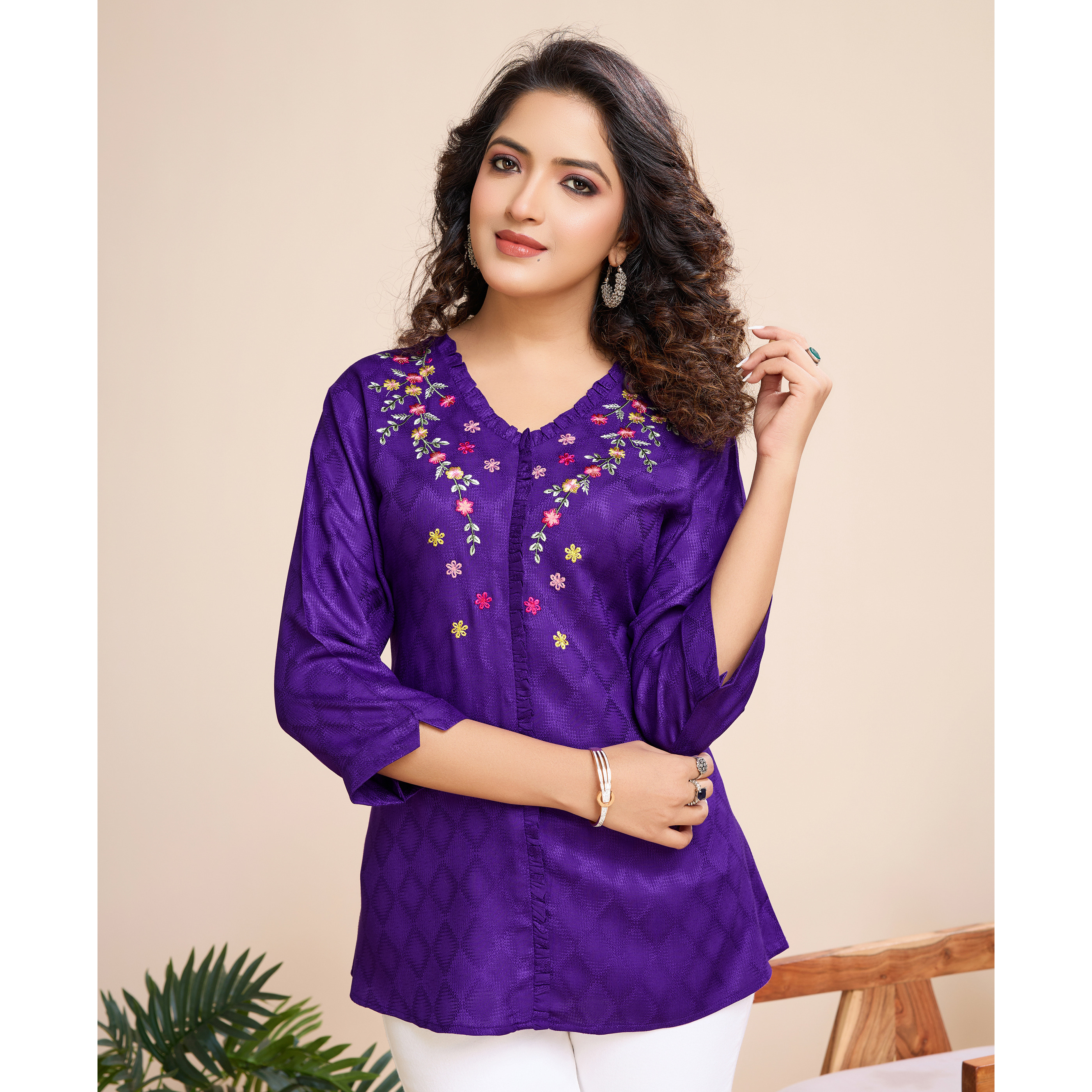 MOJILAA Women's Purple Pure Viscose Floral Embroidered A-line Top