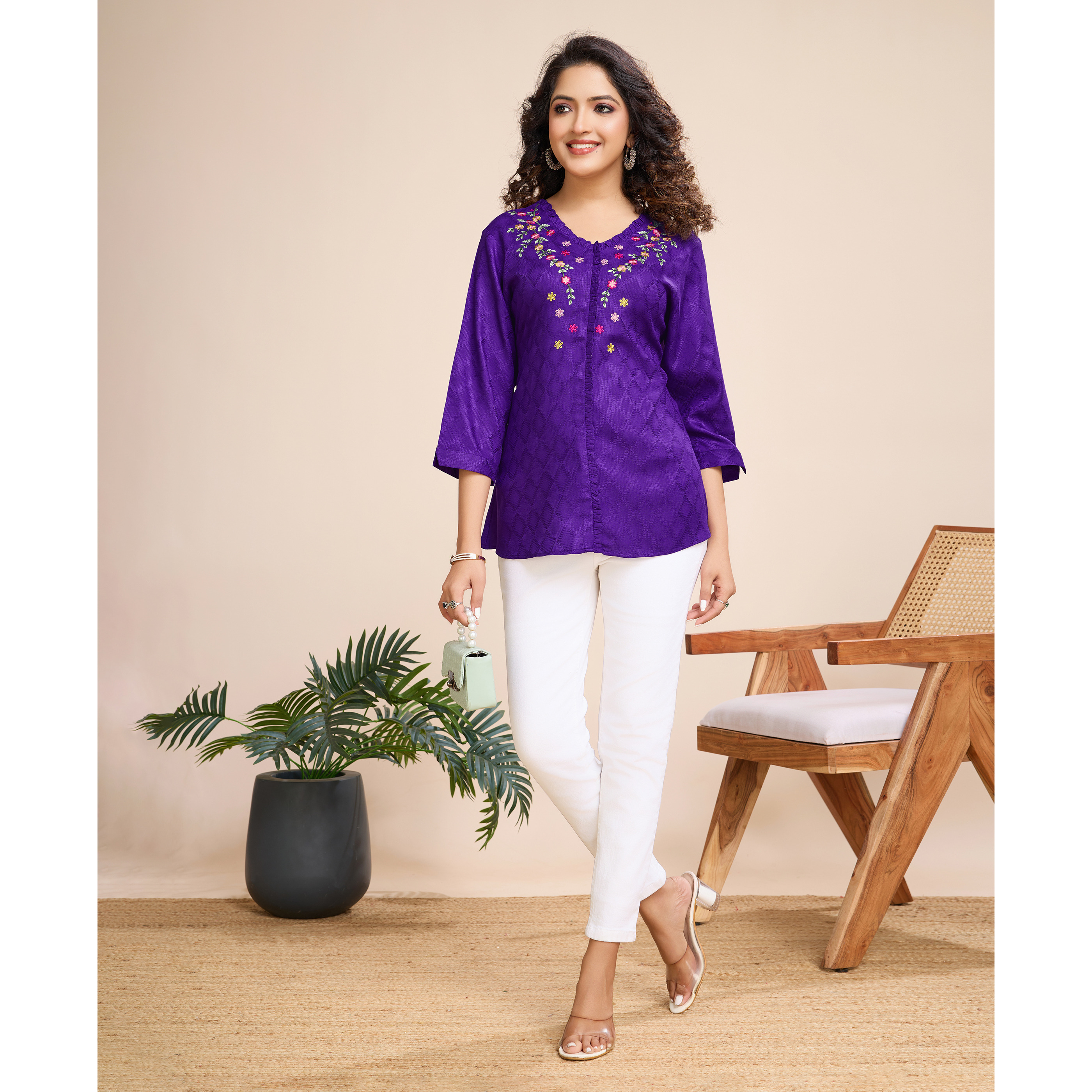 MOJILAA Women's Purple Pure Viscose Floral Embroidered A-line Top (Size S, Color Purple)