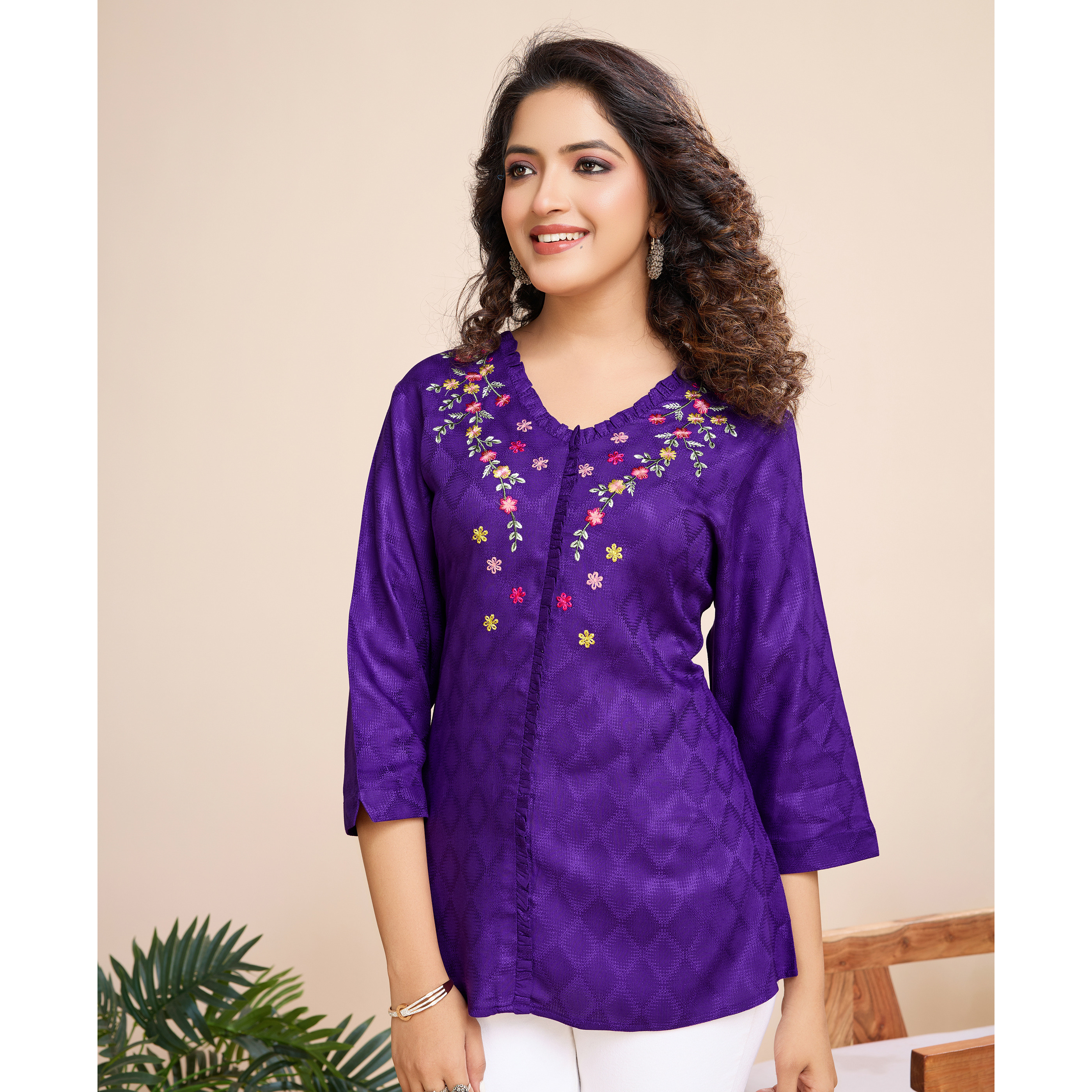 MOJILAA Women's Purple Pure Viscose Floral Embroidered A-line Top (Size S, Color Purple)