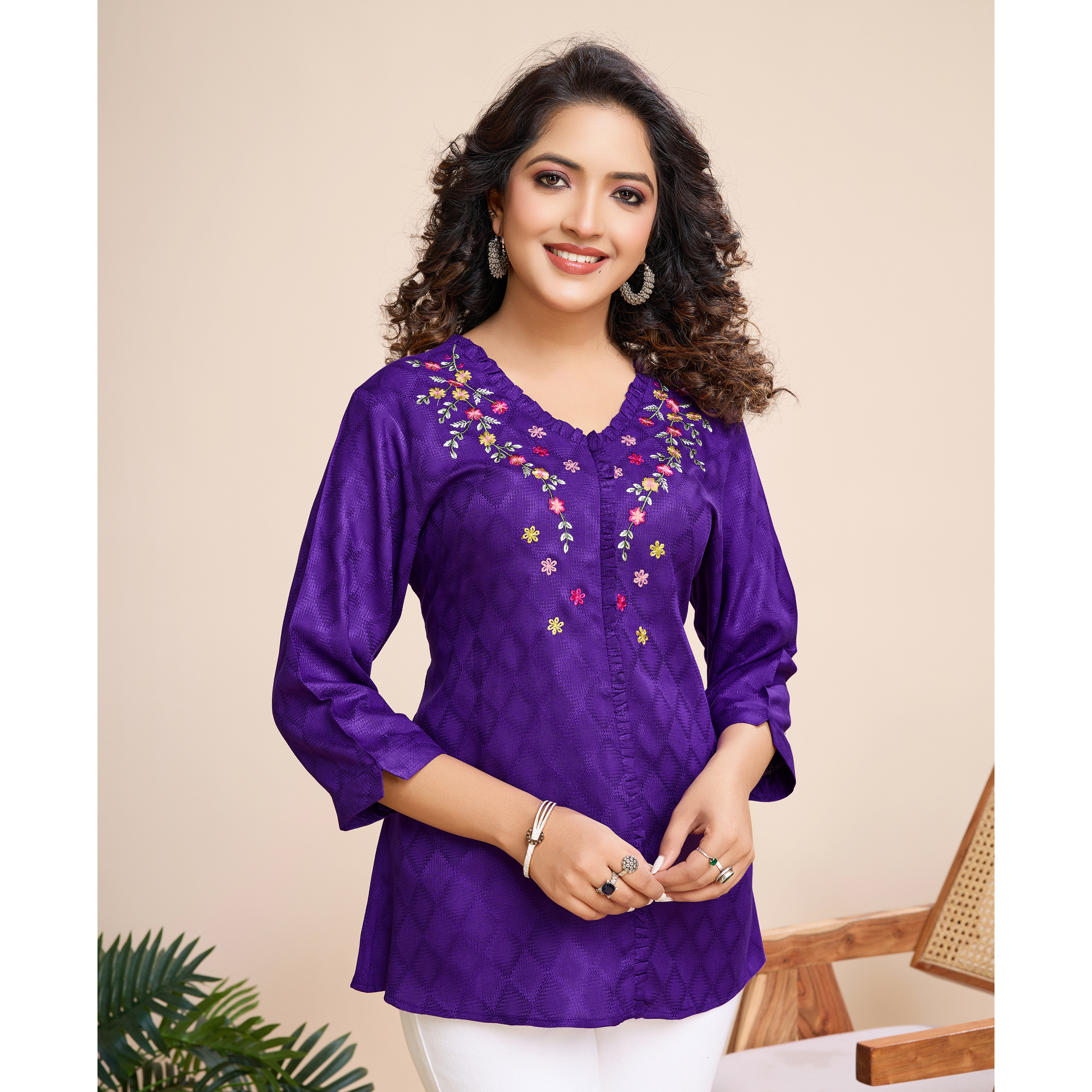 MOJILAA Women's Purple Pure Viscose Floral Embroidered A-line Top (Size S, Color Purple)