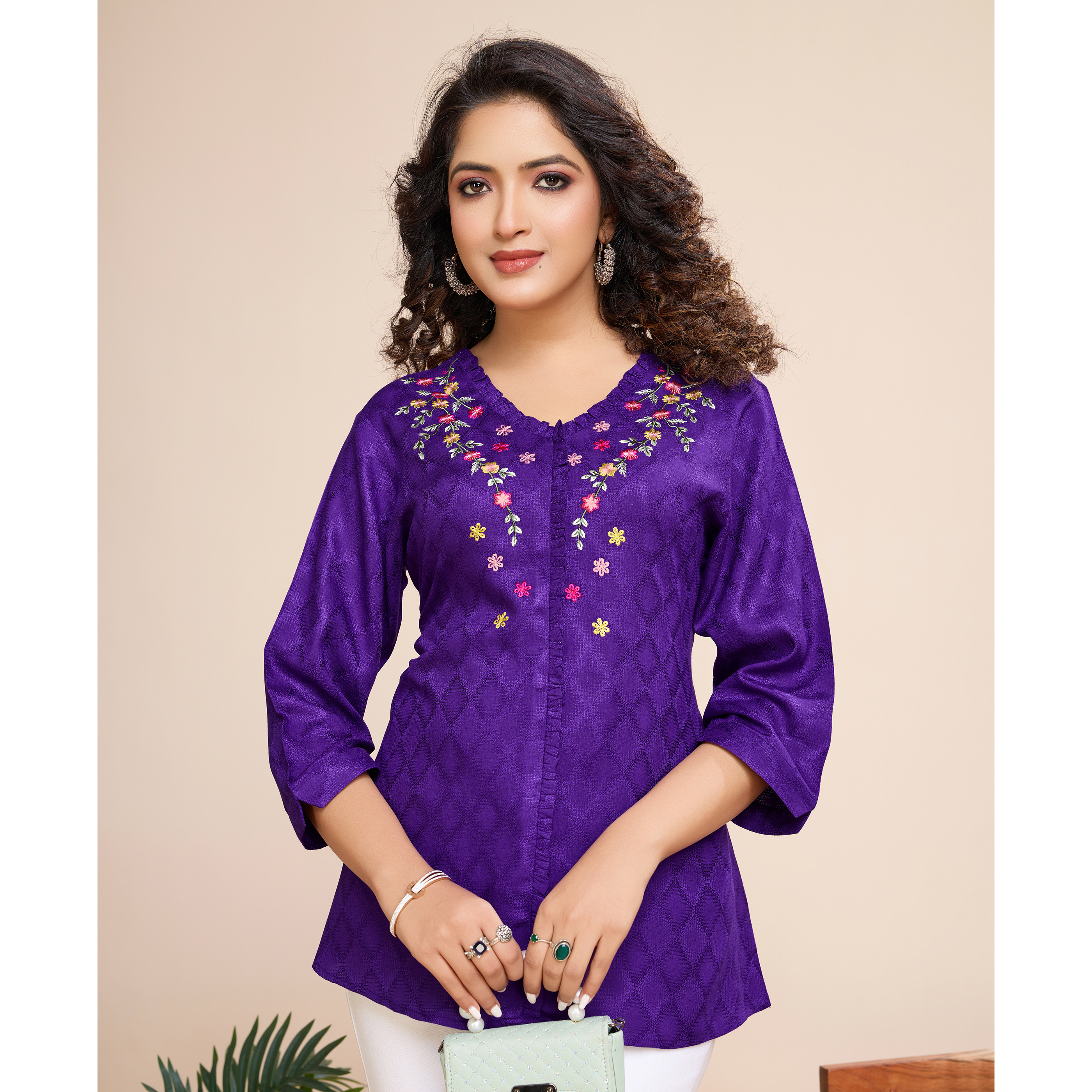 MOJILAA Women's Purple Pure Viscose Floral Embroidered A-line Top (Size S, Color Purple)
