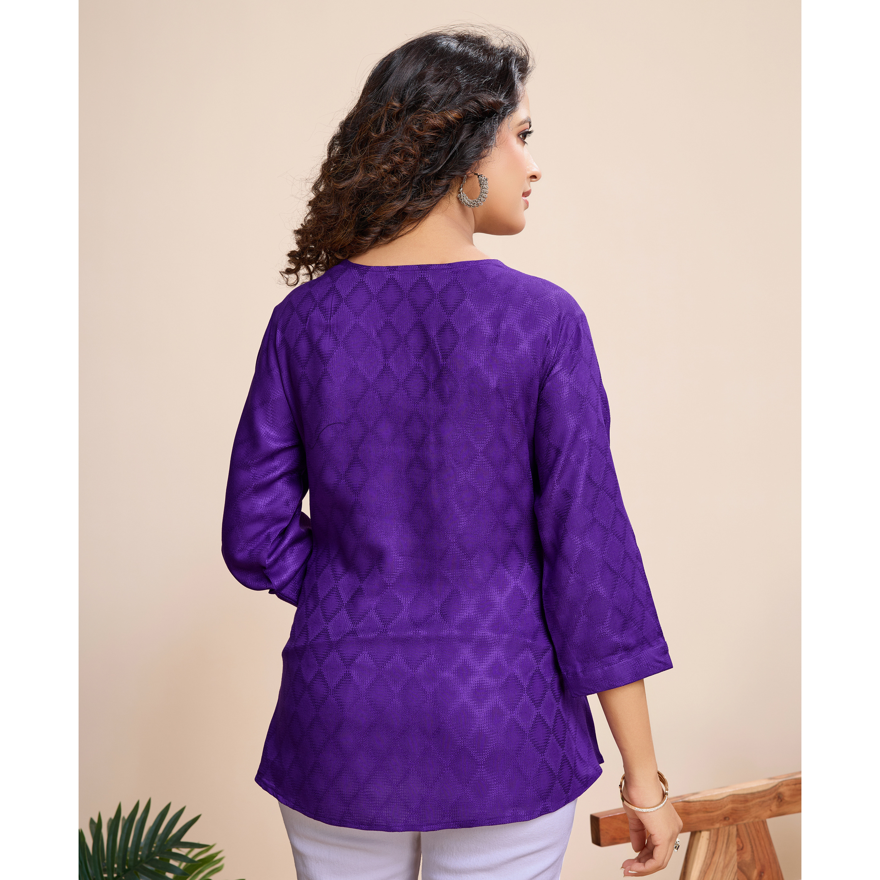 MOJILAA Women's Purple Pure Viscose Floral Embroidered A-line Top (Size S, Color Purple)