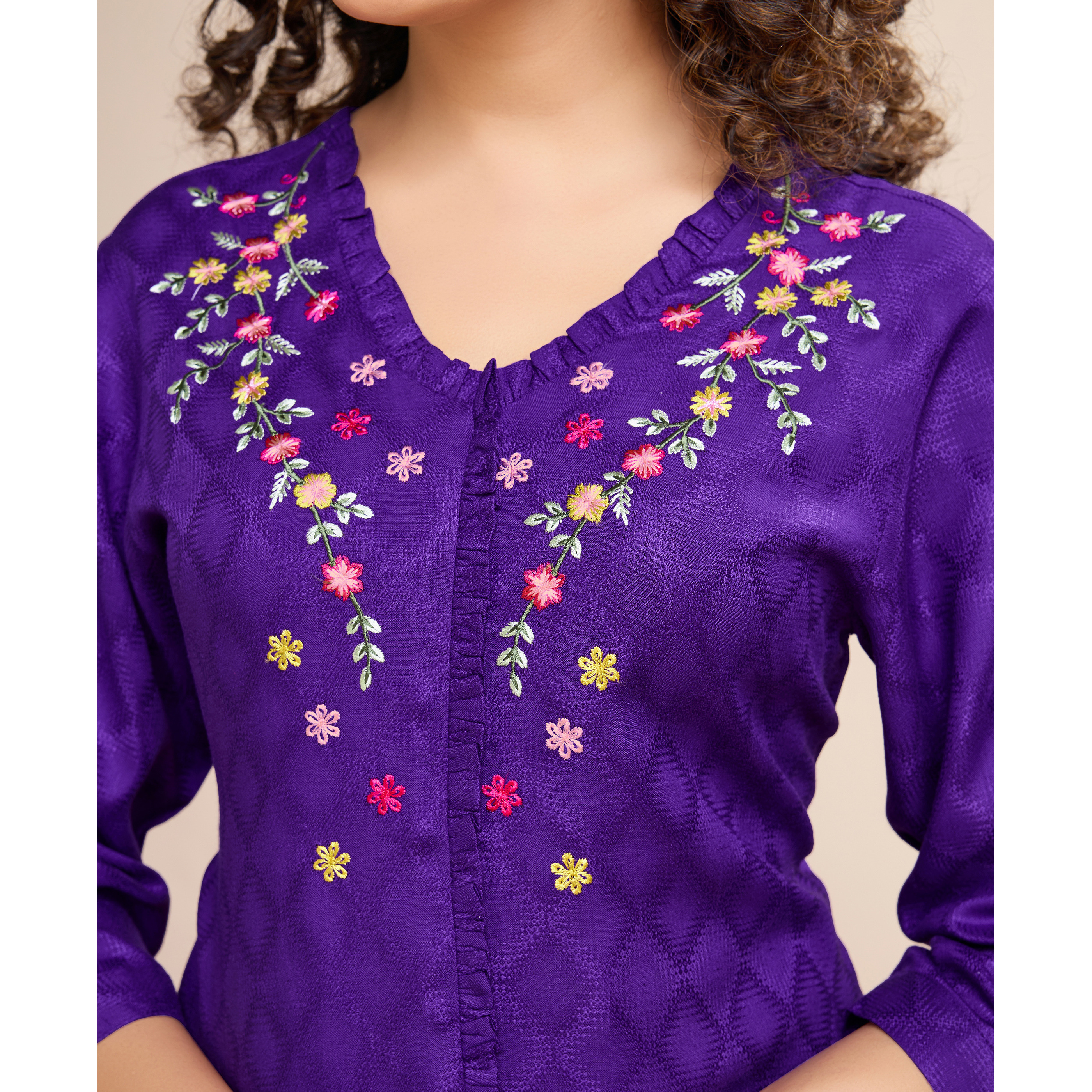 MOJILAA Women's Purple Pure Viscose Floral Embroidered A-line Top (Size S, Color Purple)