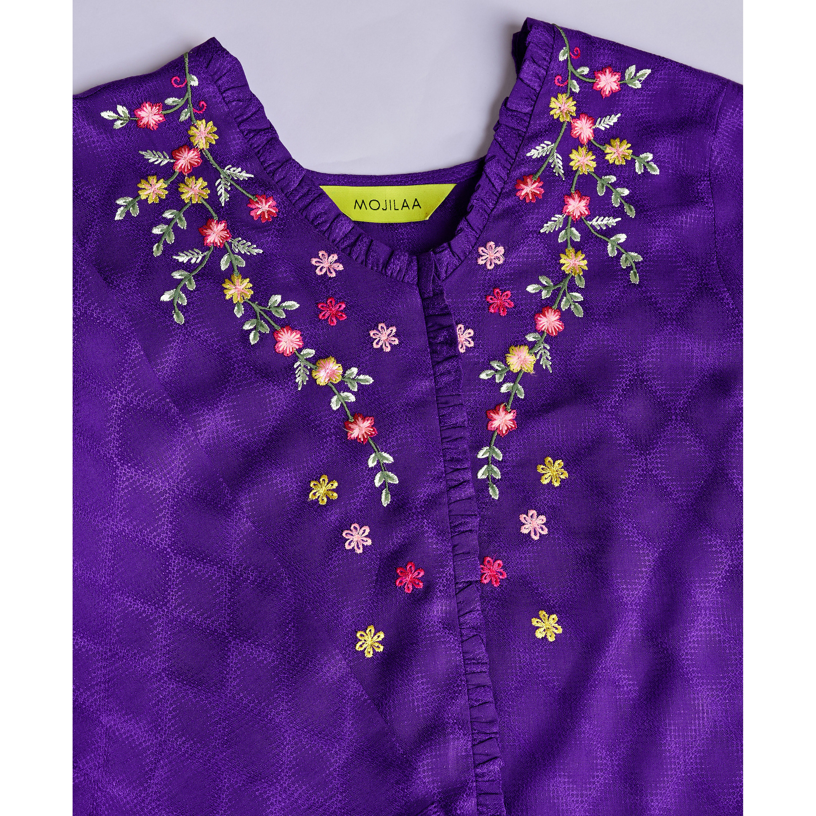 MOJILAA Women's Purple Pure Viscose Floral Embroidered A-line Top (Size S, Color Purple)