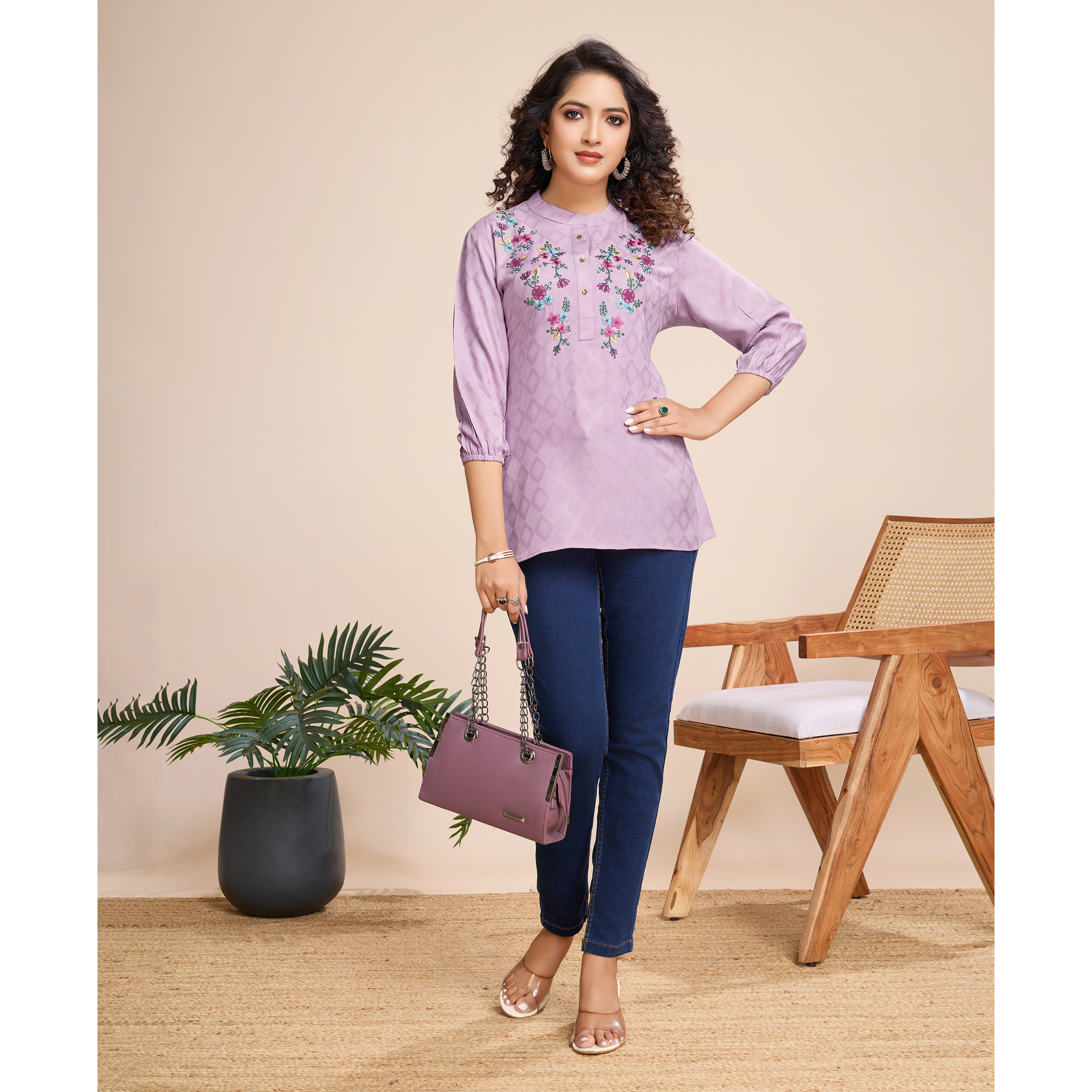 MOJILAA Women's Mauve Pure Viscose Floral Embroidered A-line Top (Size S, Color Mauve)