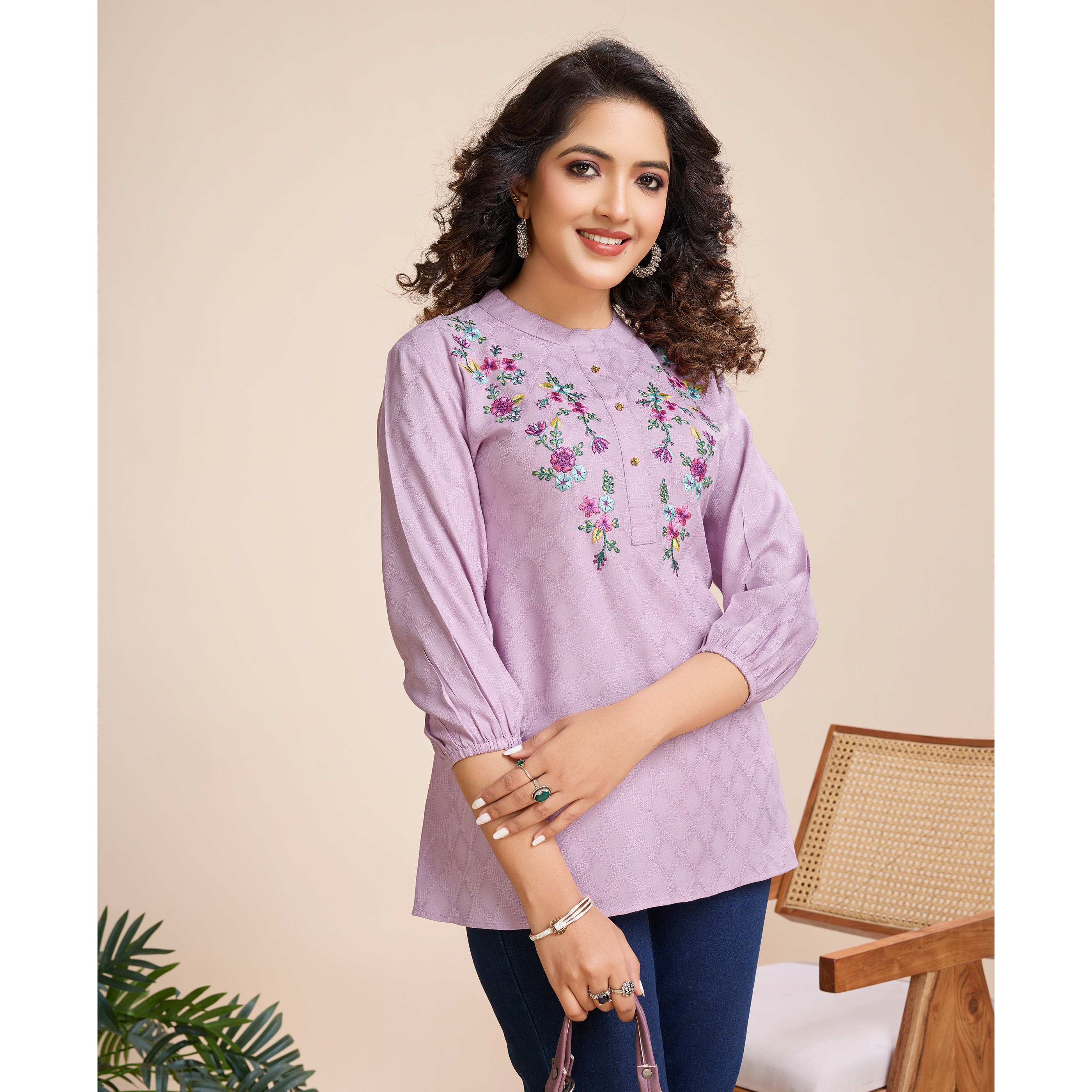 MOJILAA Women's Mauve Pure Viscose Floral Embroidered A-line Top (Size S, Color Mauve)