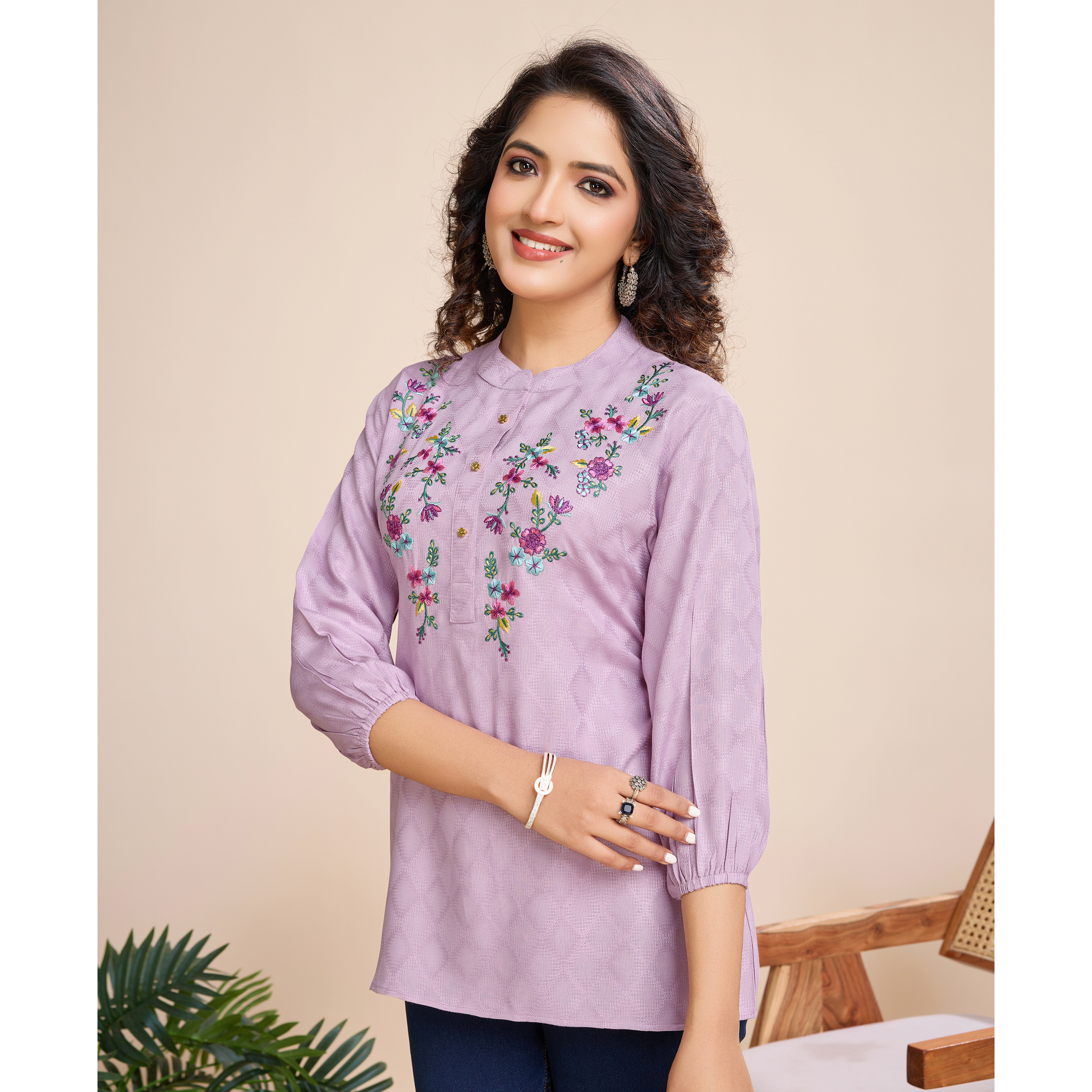 MOJILAA Women's Mauve Pure Viscose Floral Embroidered A-line Top (Size S, Color Mauve)