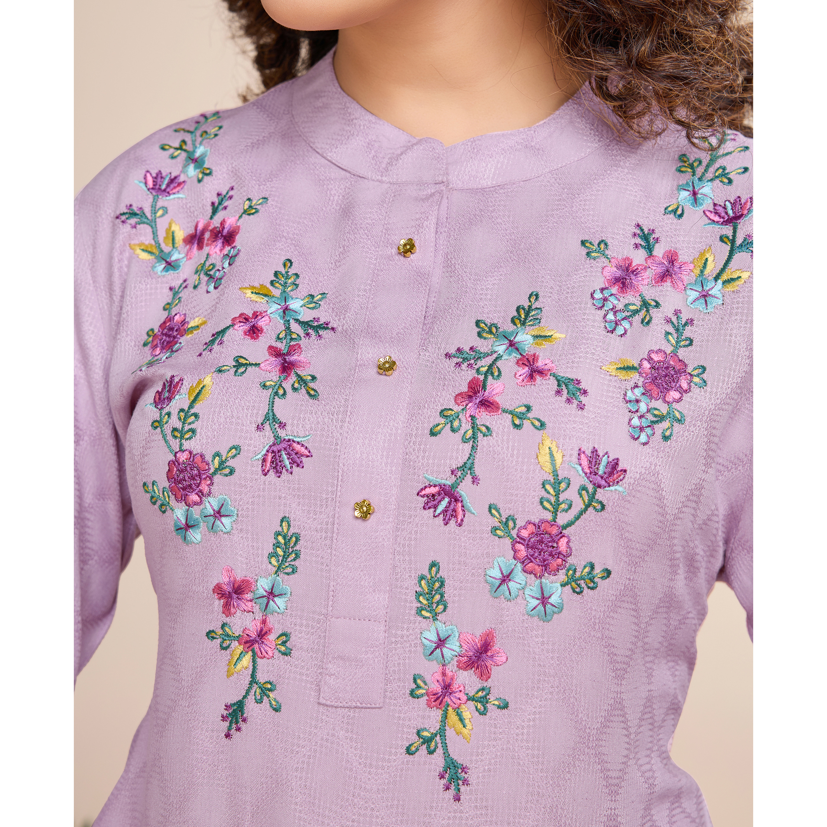 MOJILAA Women's Mauve Pure Viscose Floral Embroidered A-line Top (Size S, Color Mauve)