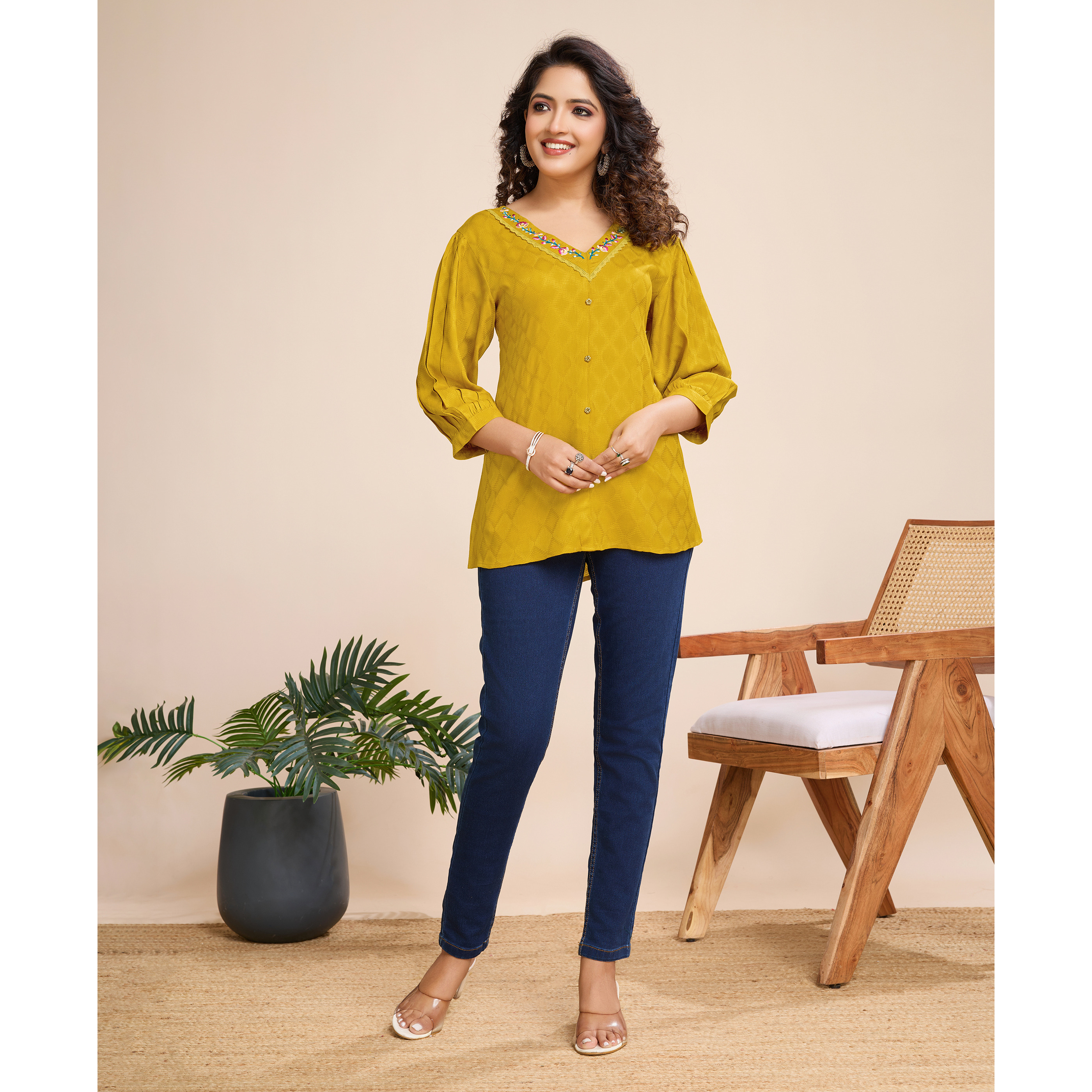 MOJILAA Women's Mustard Pure Viscose Floral Embroidered A-line Top (Size S, Color Mustard)