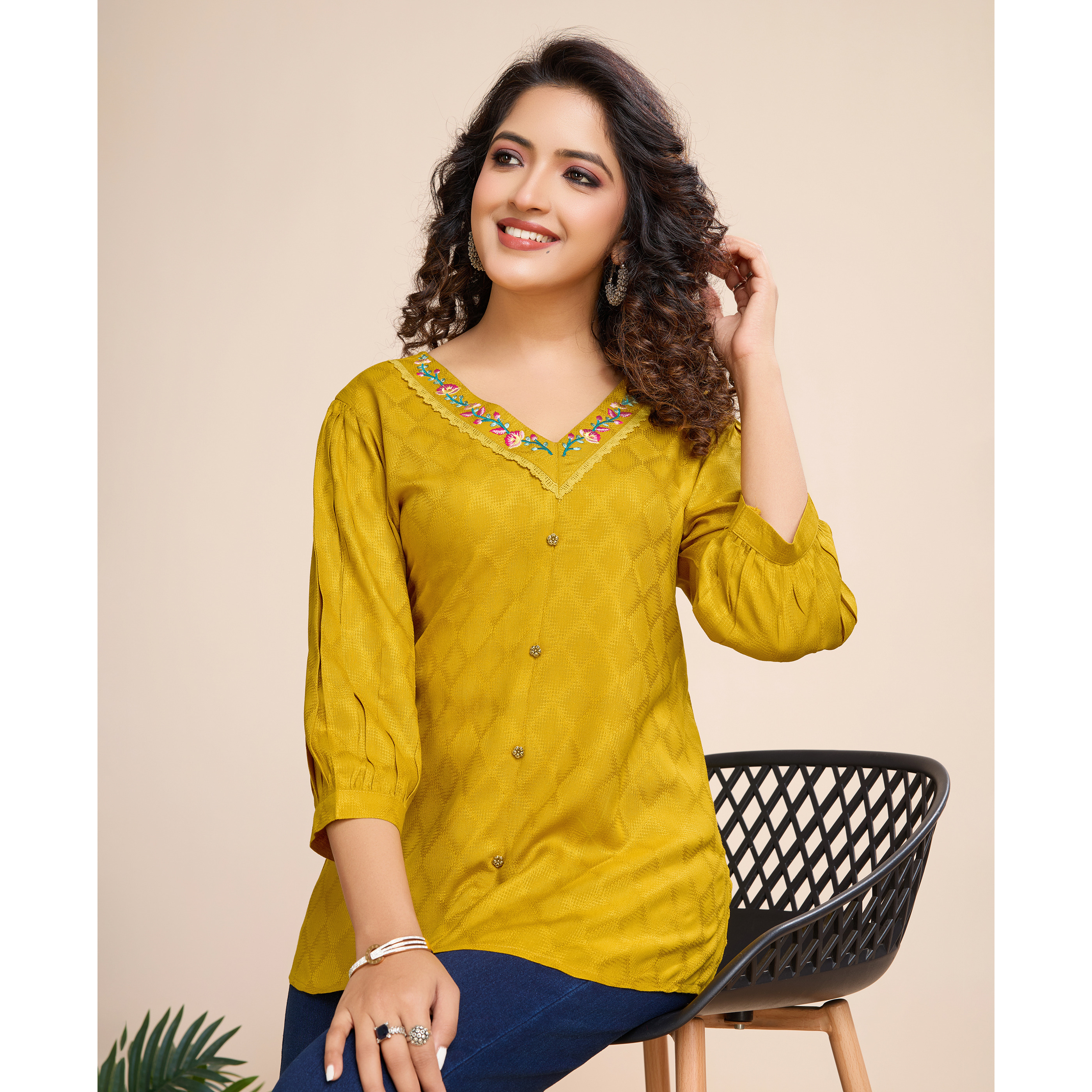 MOJILAA Women's Mustard Pure Viscose Floral Embroidered A-line Top (Size S, Color Mustard)