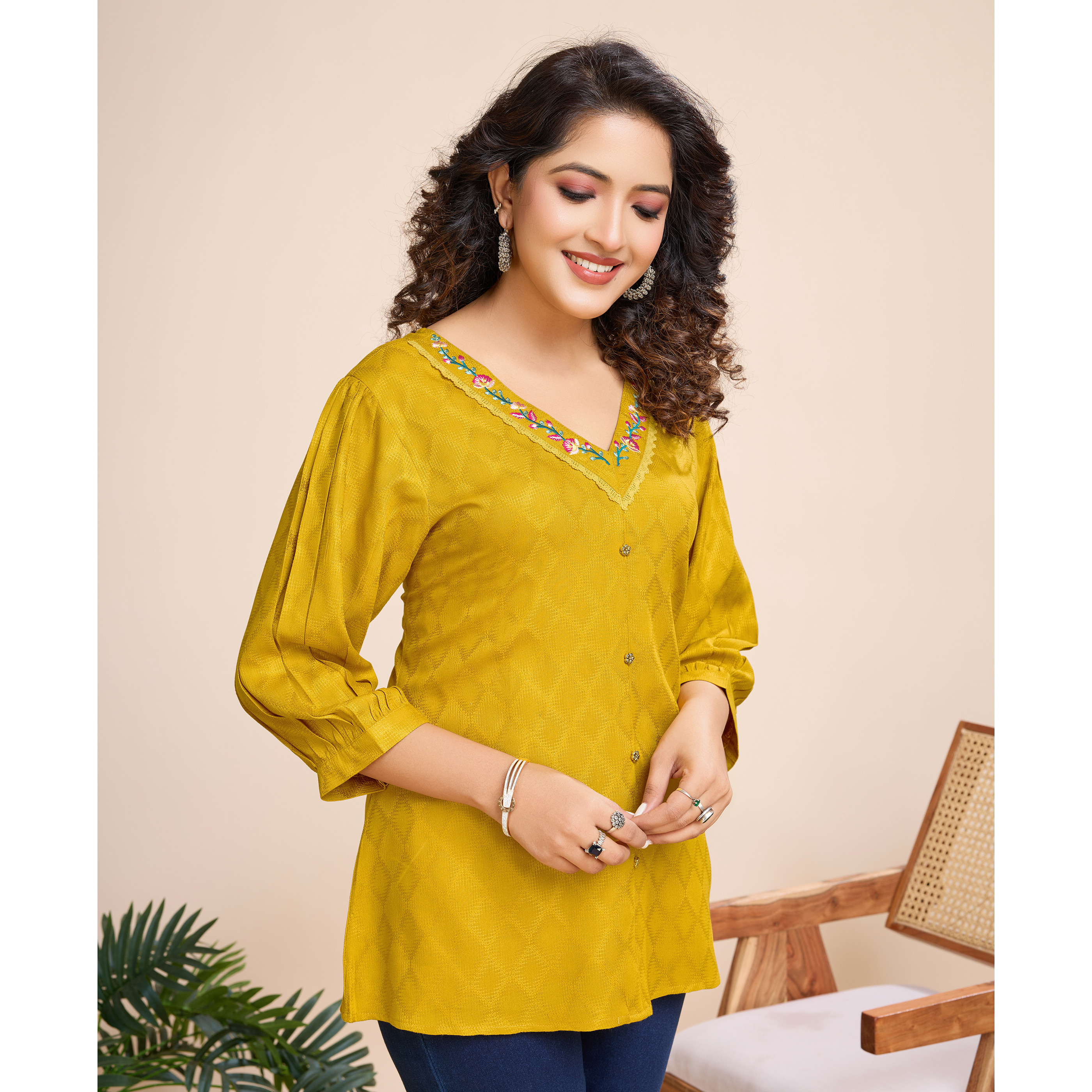 MOJILAA Women's Mustard Pure Viscose Floral Embroidered A-line Top (Size S, Color Mustard)
