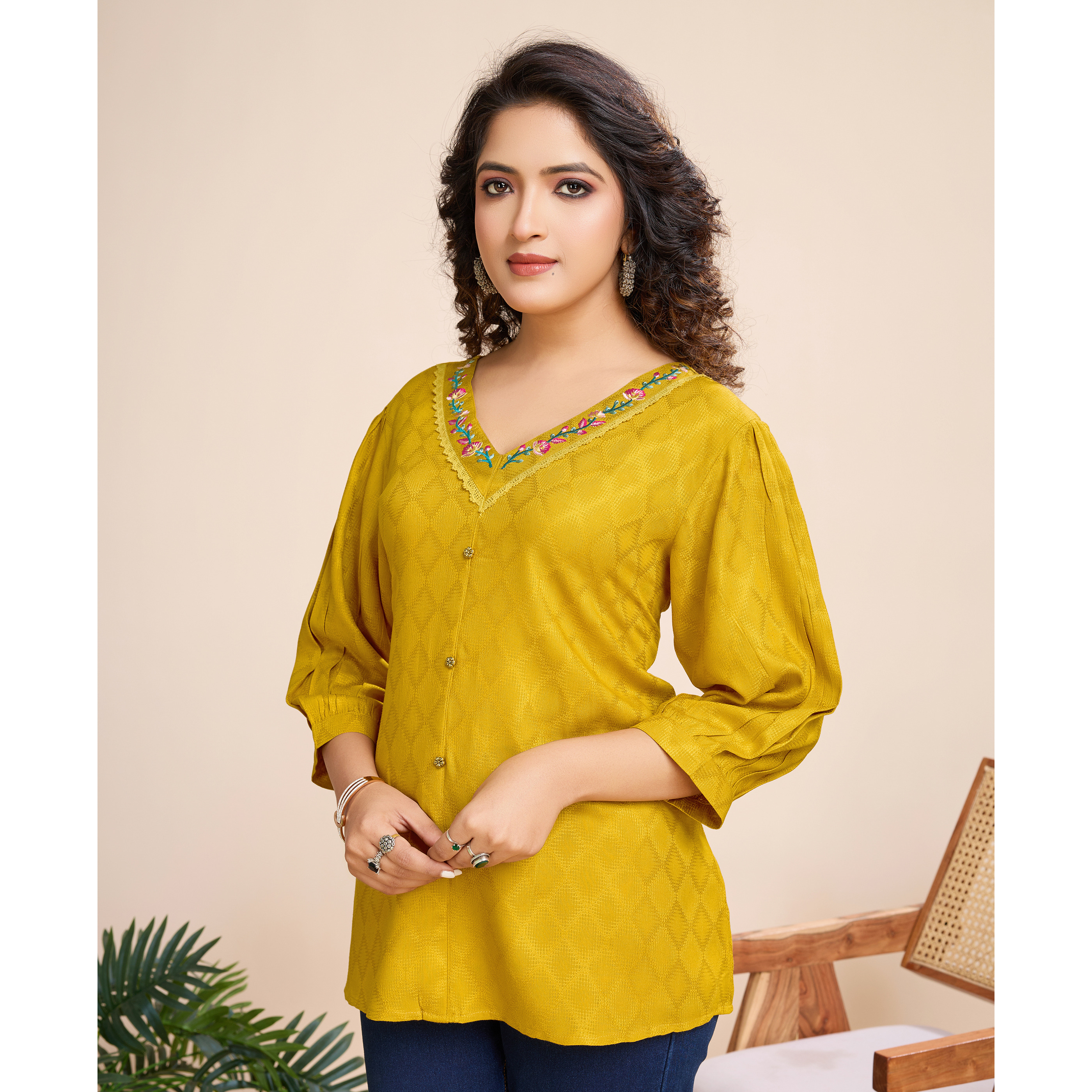 MOJILAA Women's Mustard Pure Viscose Floral Embroidered A-line Top (Size S, Color Mustard)