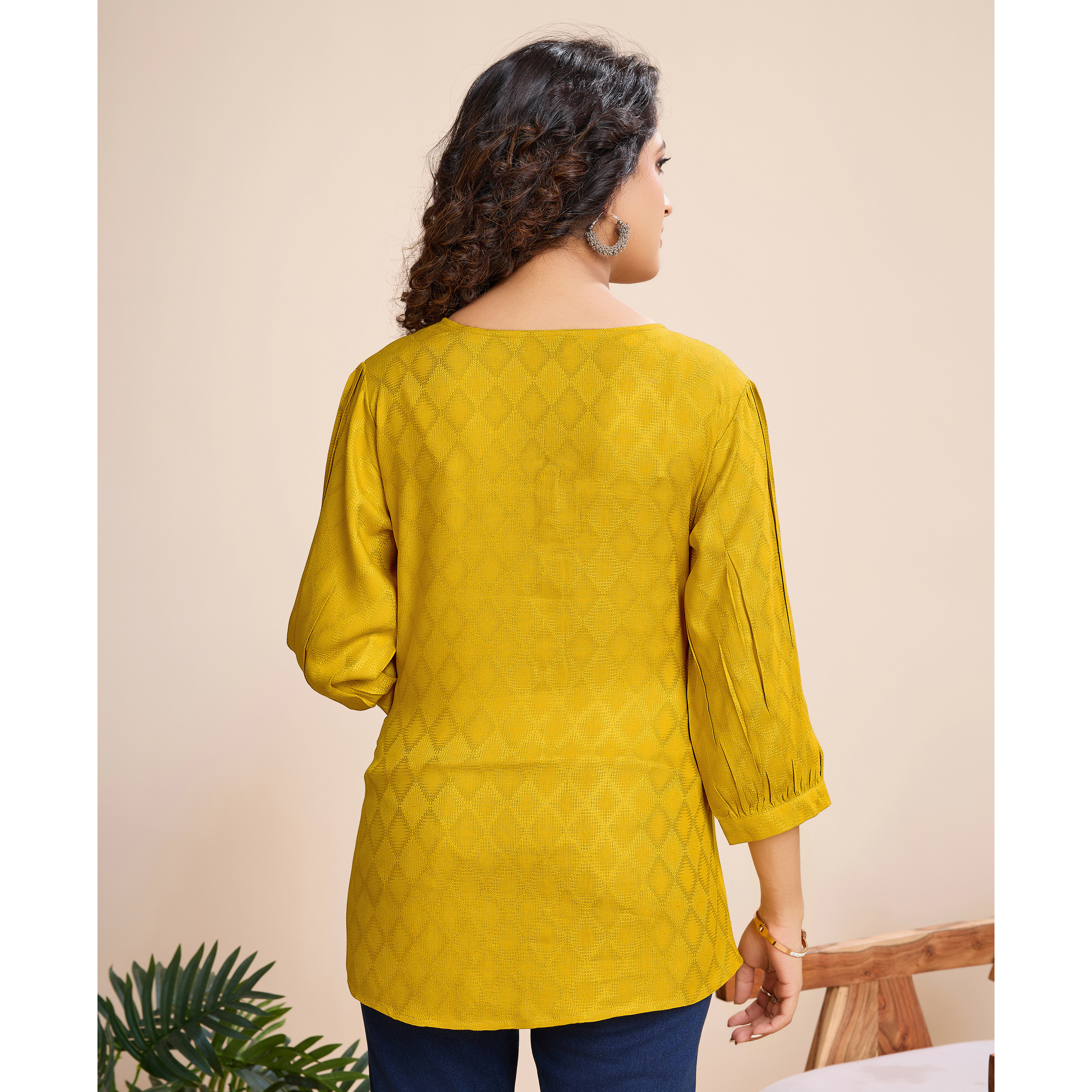 MOJILAA Women's Mustard Pure Viscose Floral Embroidered A-line Top (Size S, Color Mustard)