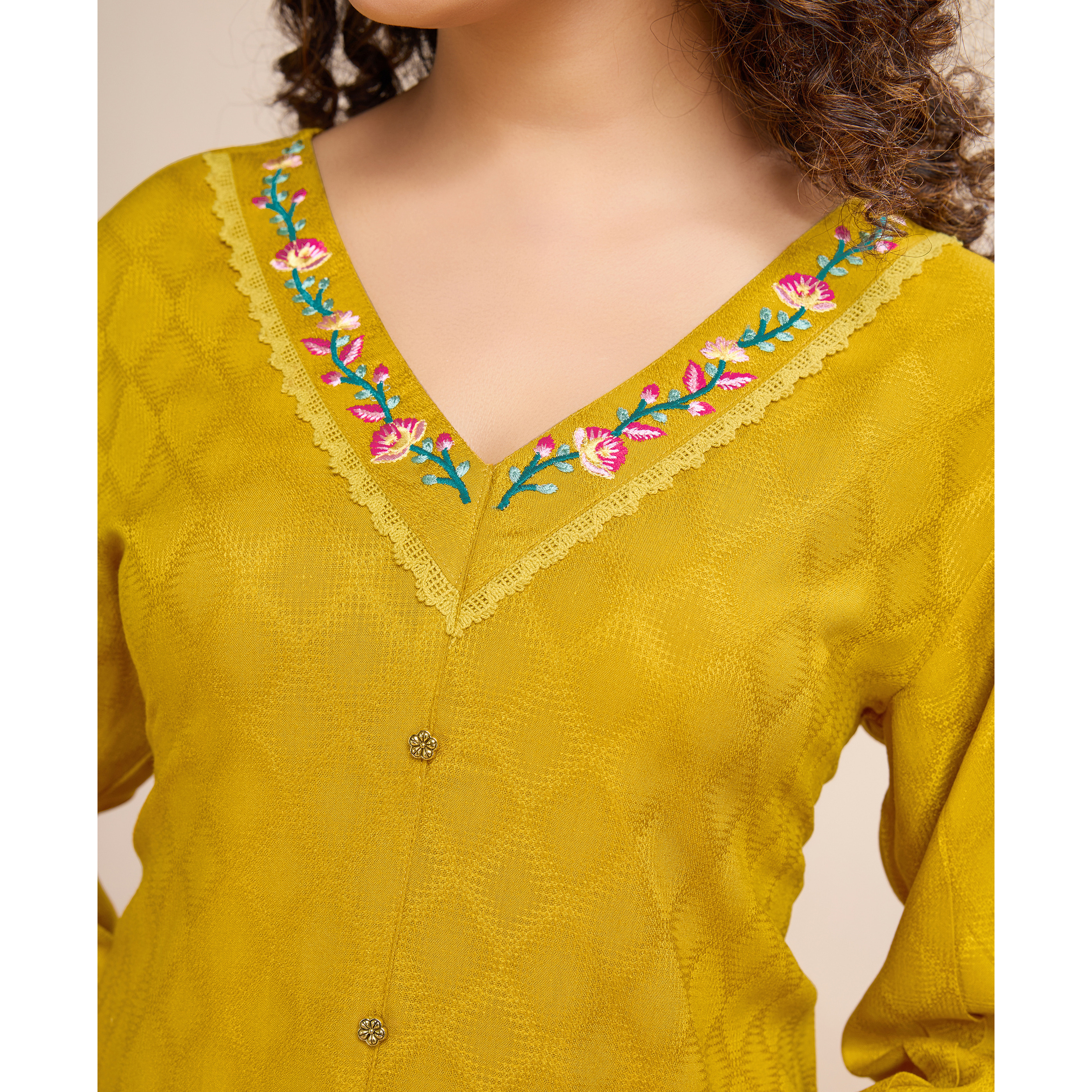 MOJILAA Women's Mustard Pure Viscose Floral Embroidered A-line Top (Size S, Color Mustard)