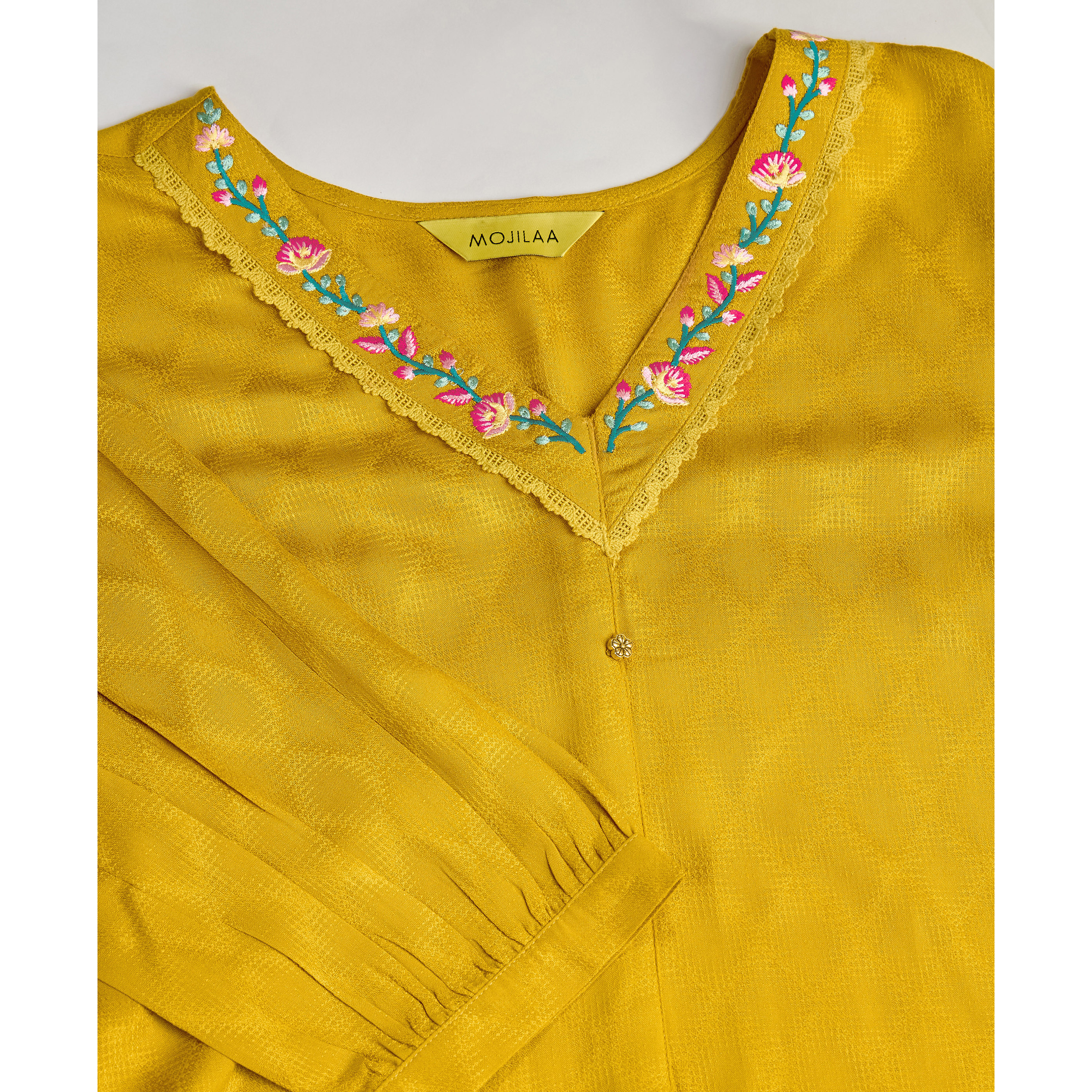MOJILAA Women's Mustard Pure Viscose Floral Embroidered A-line Top (Size S, Color Mustard)