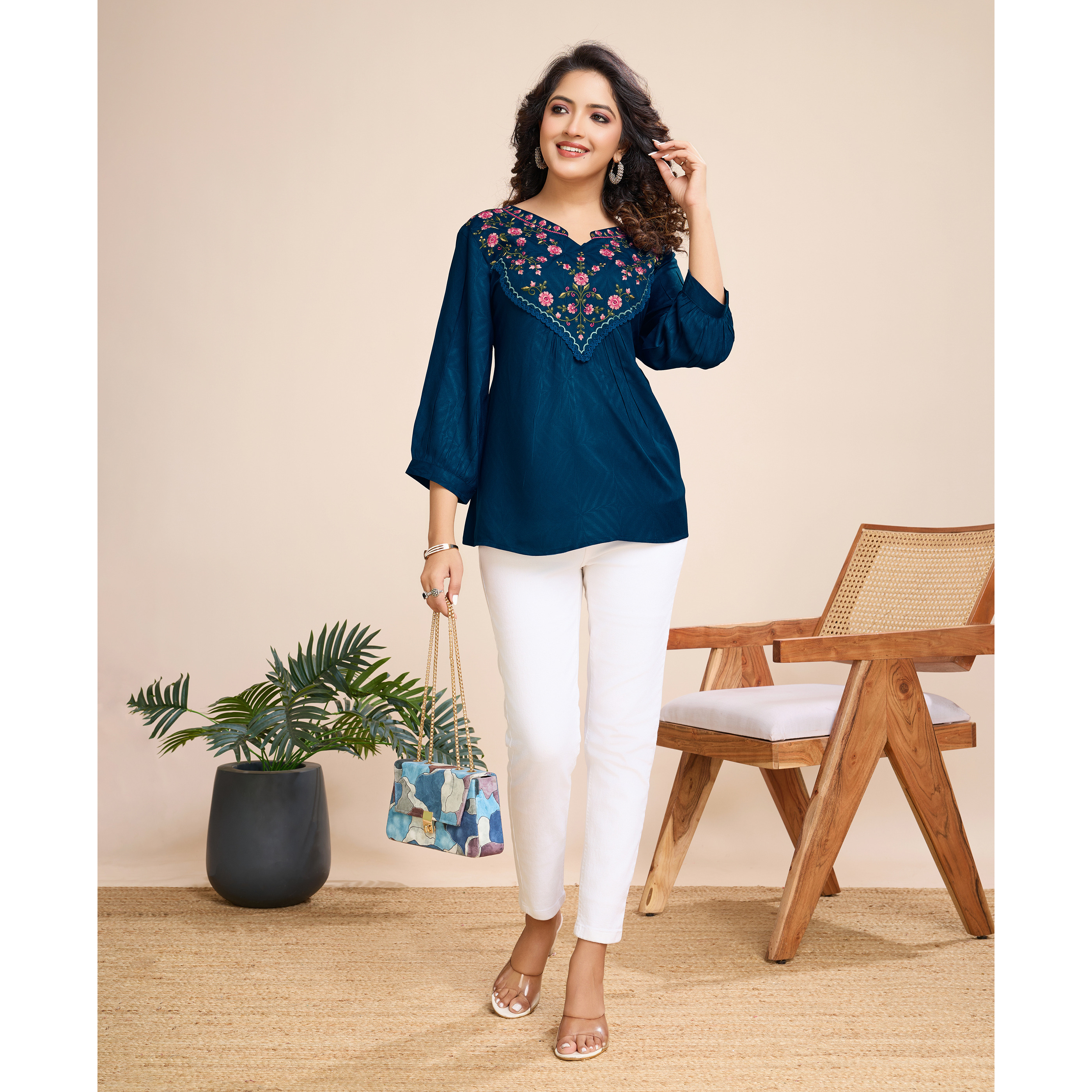 MOJILAA Women's Teal Pure Viscose Floral Embroidered A-line Top (Size S, Color Teal)