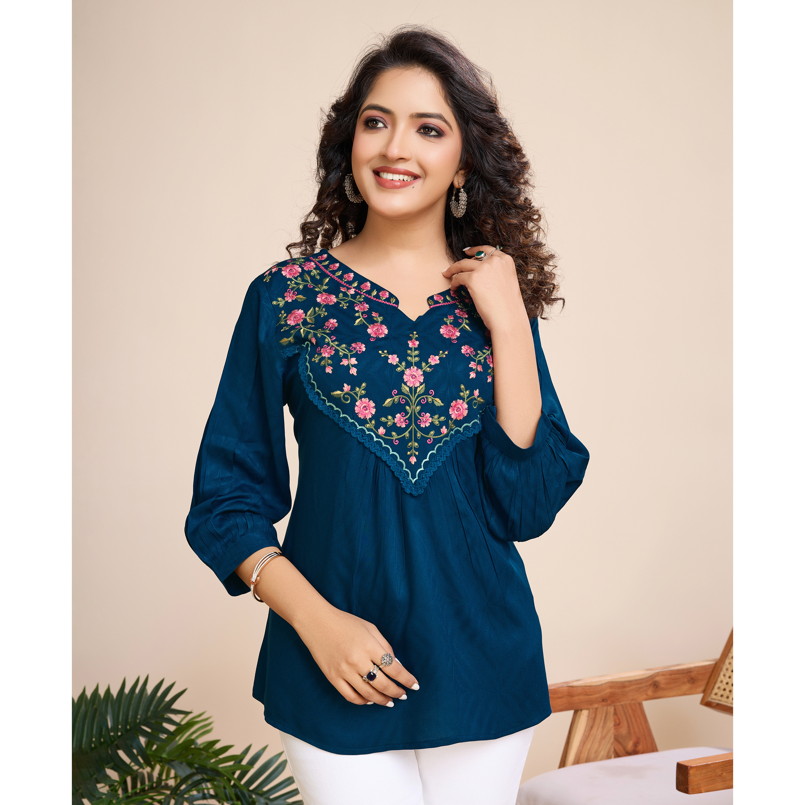 MOJILAA Women's Teal Pure Viscose Floral Embroidered A-line Top (Size S, Color Teal)