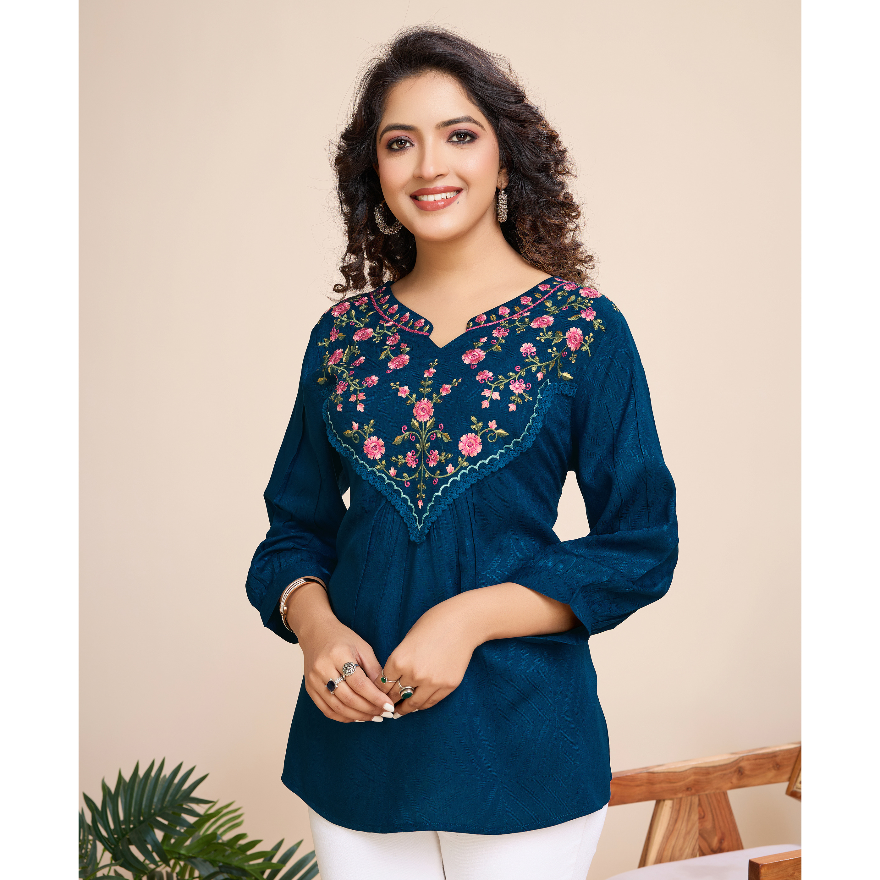 MOJILAA Women's Teal Pure Viscose Floral Embroidered A-line Top (Size S, Color Teal)