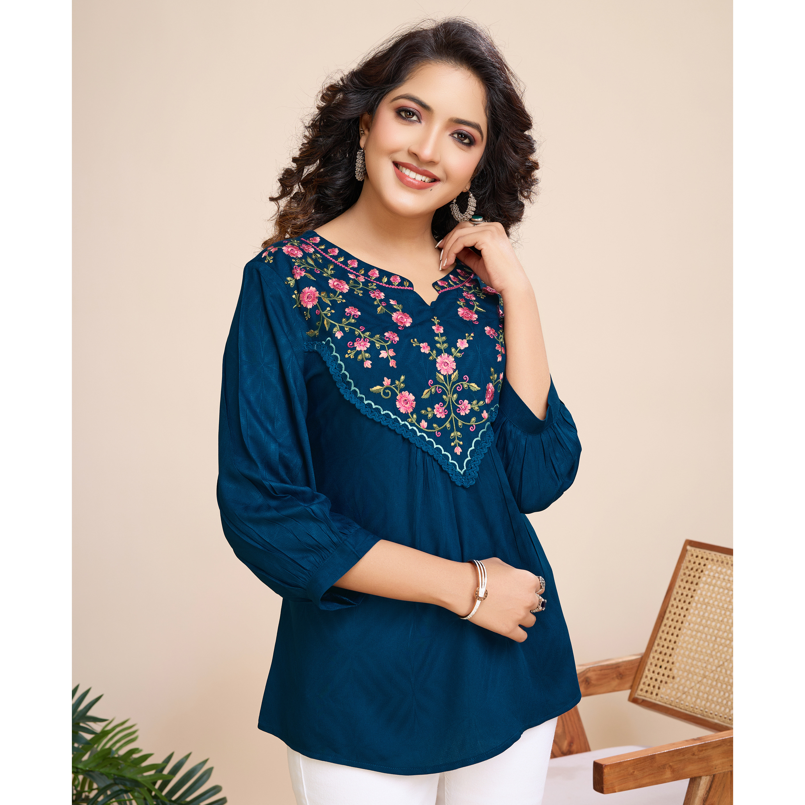 MOJILAA Women's Teal Pure Viscose Floral Embroidered A-line Top (Size S, Color Teal)