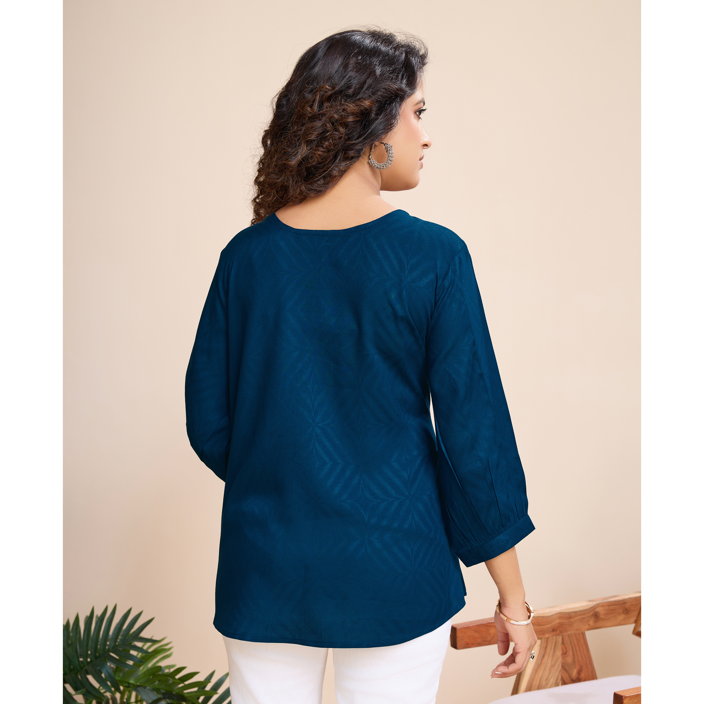 MOJILAA Women's Teal Pure Viscose Floral Embroidered A-line Top (Size S, Color Teal)