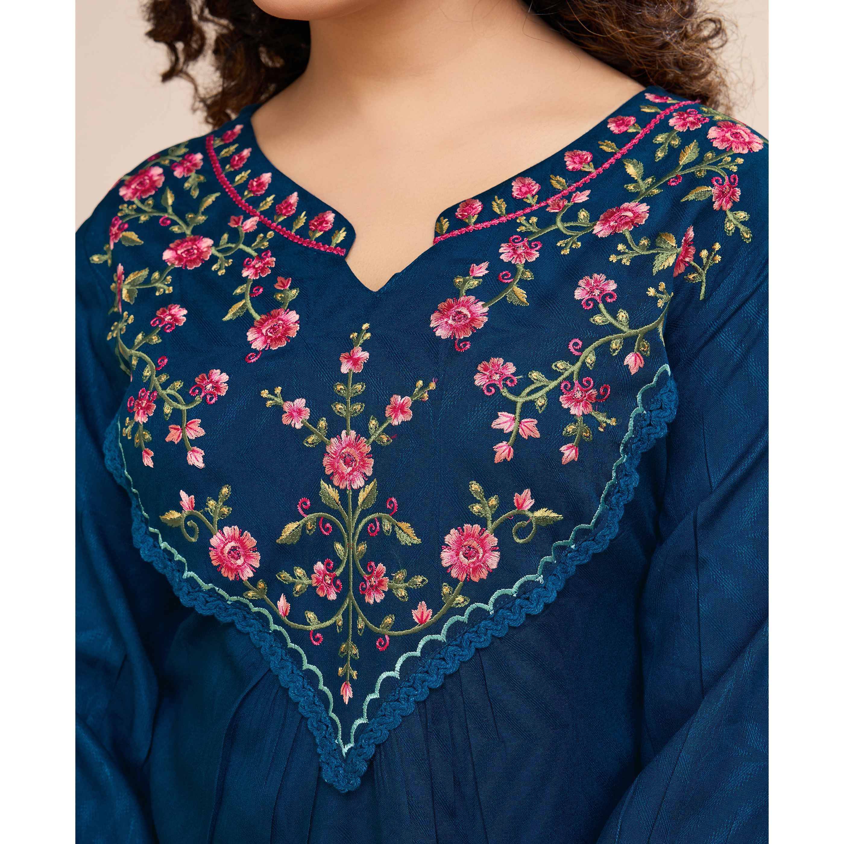 MOJILAA Women's Teal Pure Viscose Floral Embroidered A-line Top (Size S, Color Teal)