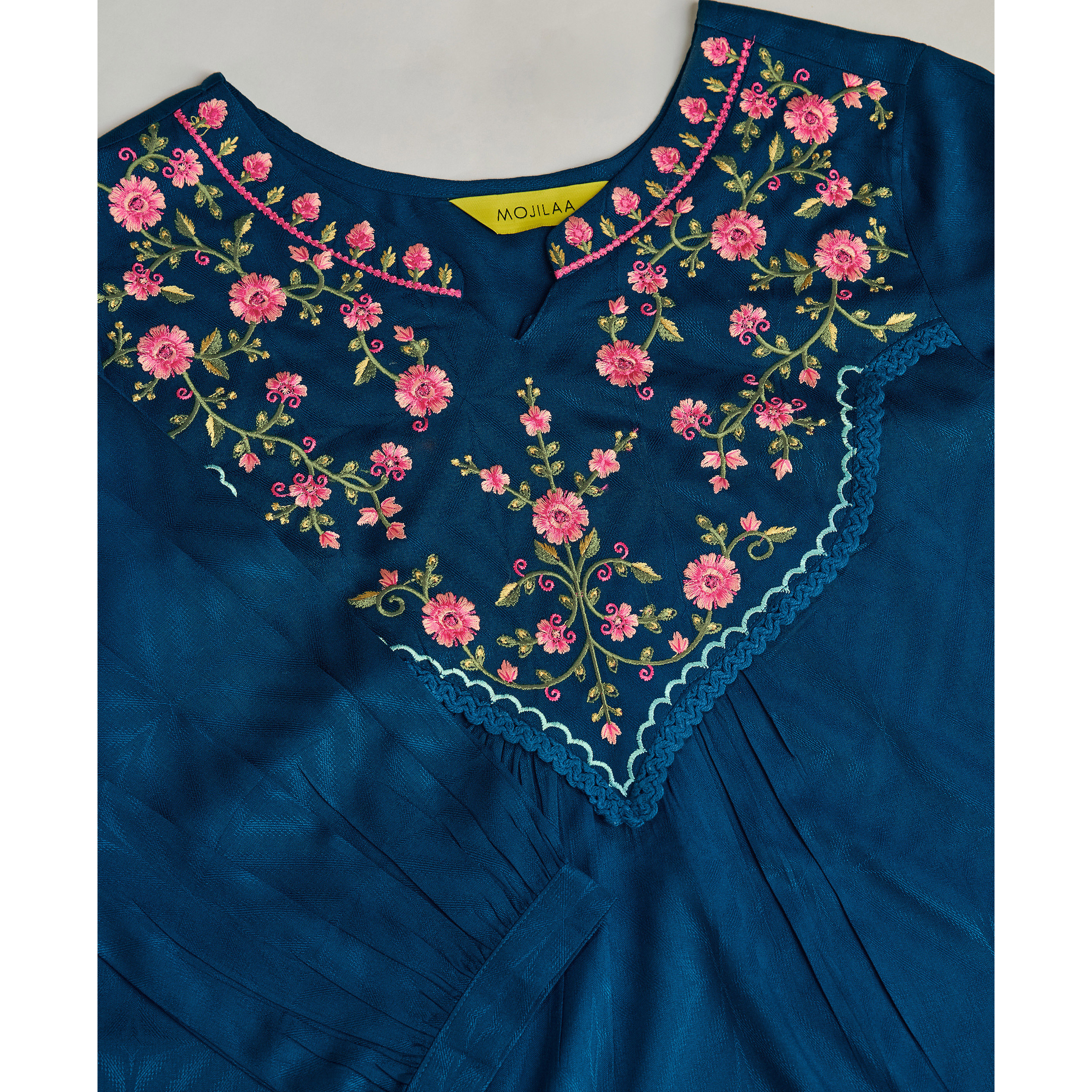 MOJILAA Women's Teal Pure Viscose Floral Embroidered A-line Top (Size S, Color Teal)
