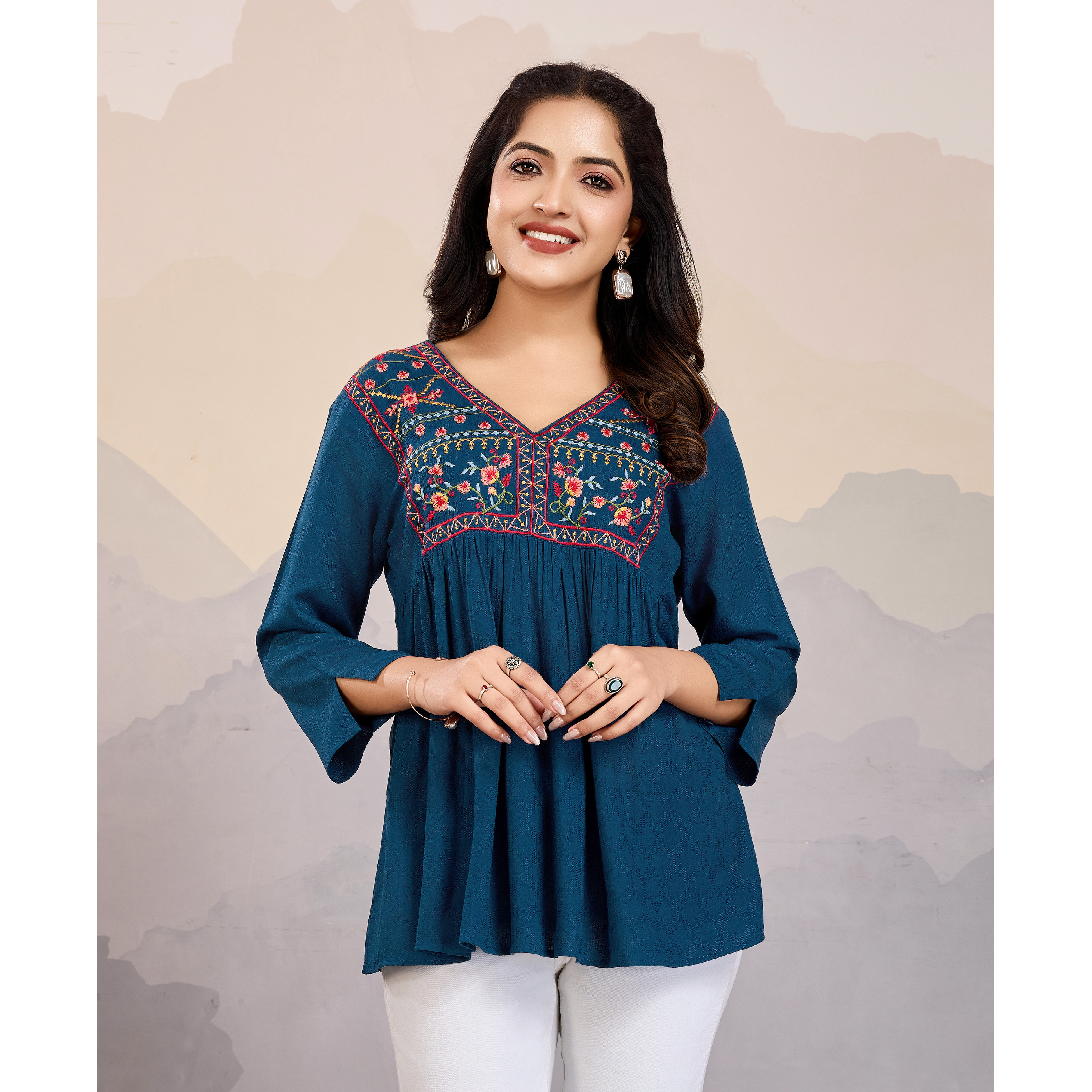 MOJILAA Women's Teal Pure Viscose Floral Embroidered A-line Top