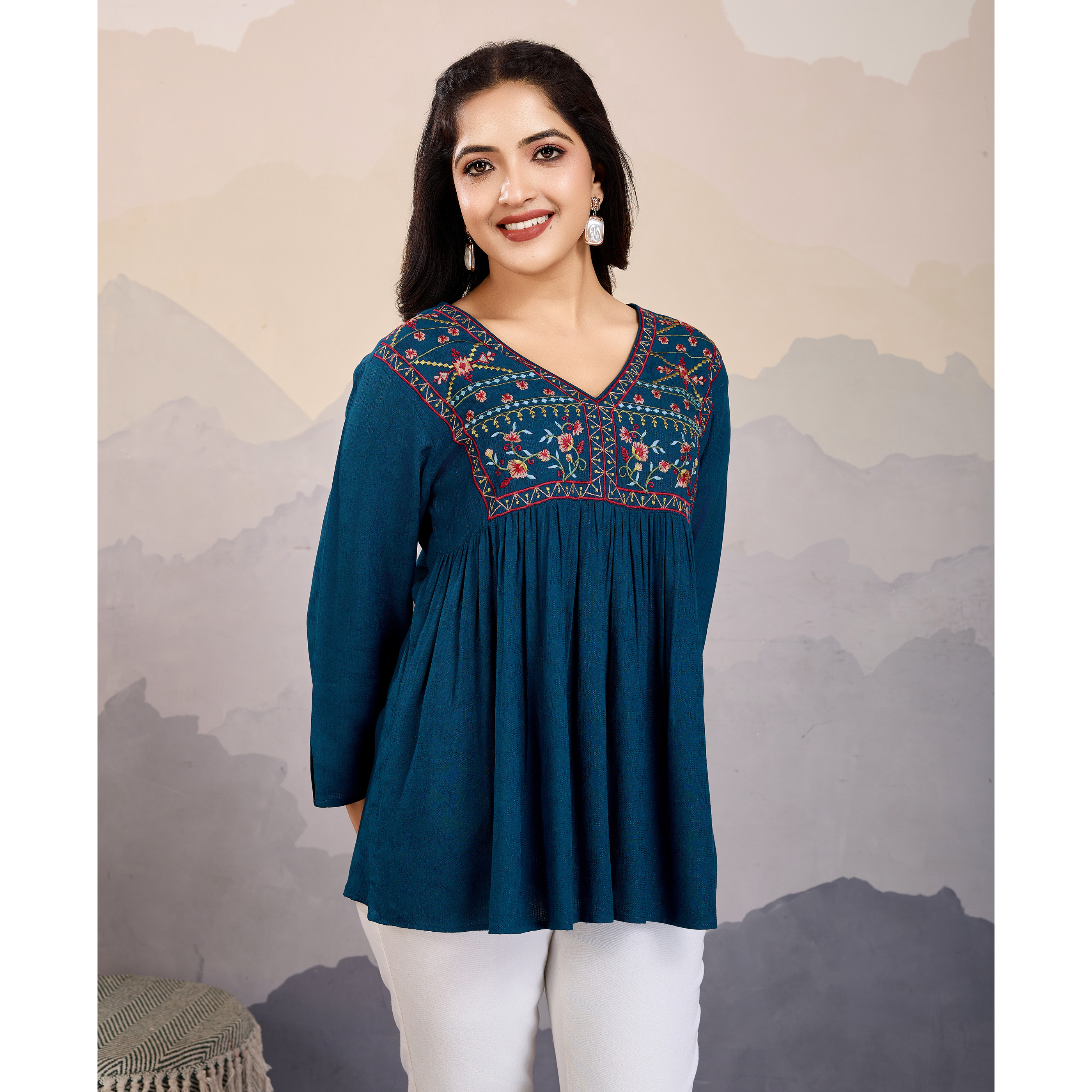 MOJILAA Women's Teal Pure Viscose Floral Embroidered A-line Top (Size S, Color Teal)