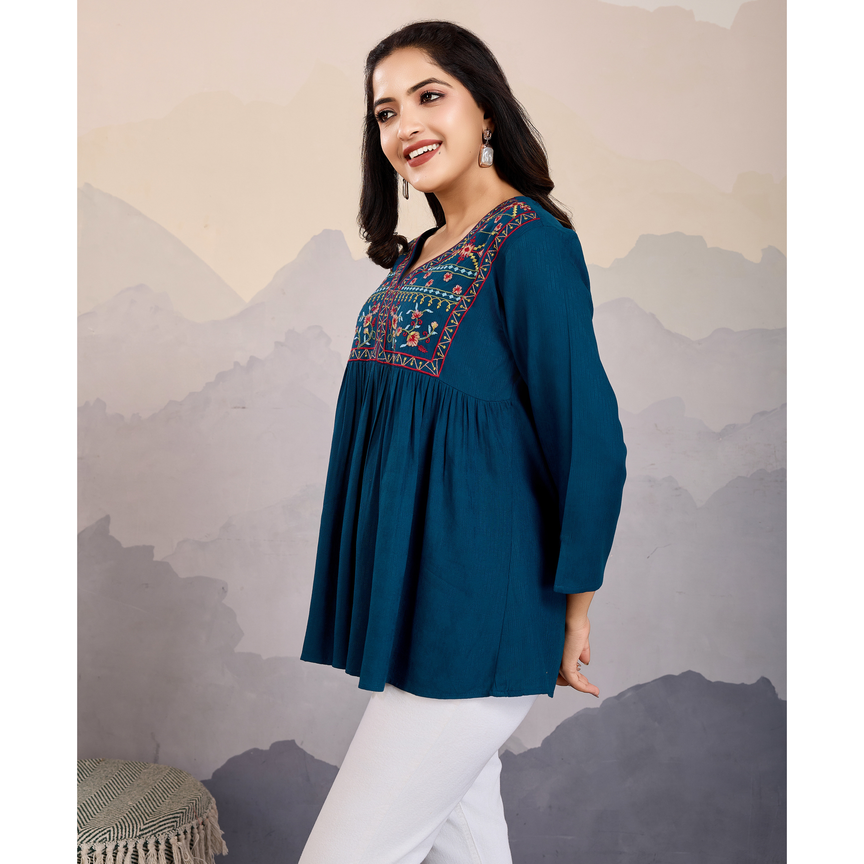 MOJILAA Women's Teal Pure Viscose Floral Embroidered A-line Top (Size S, Color Teal)