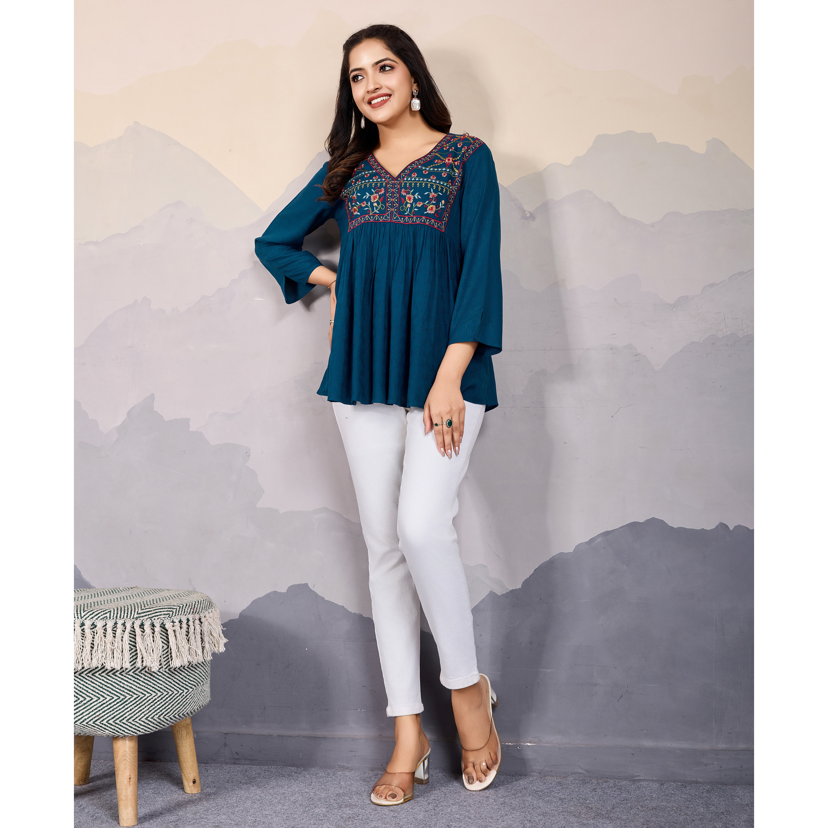 MOJILAA Women's Teal Pure Viscose Floral Embroidered A-line Top (Size S, Color Teal)