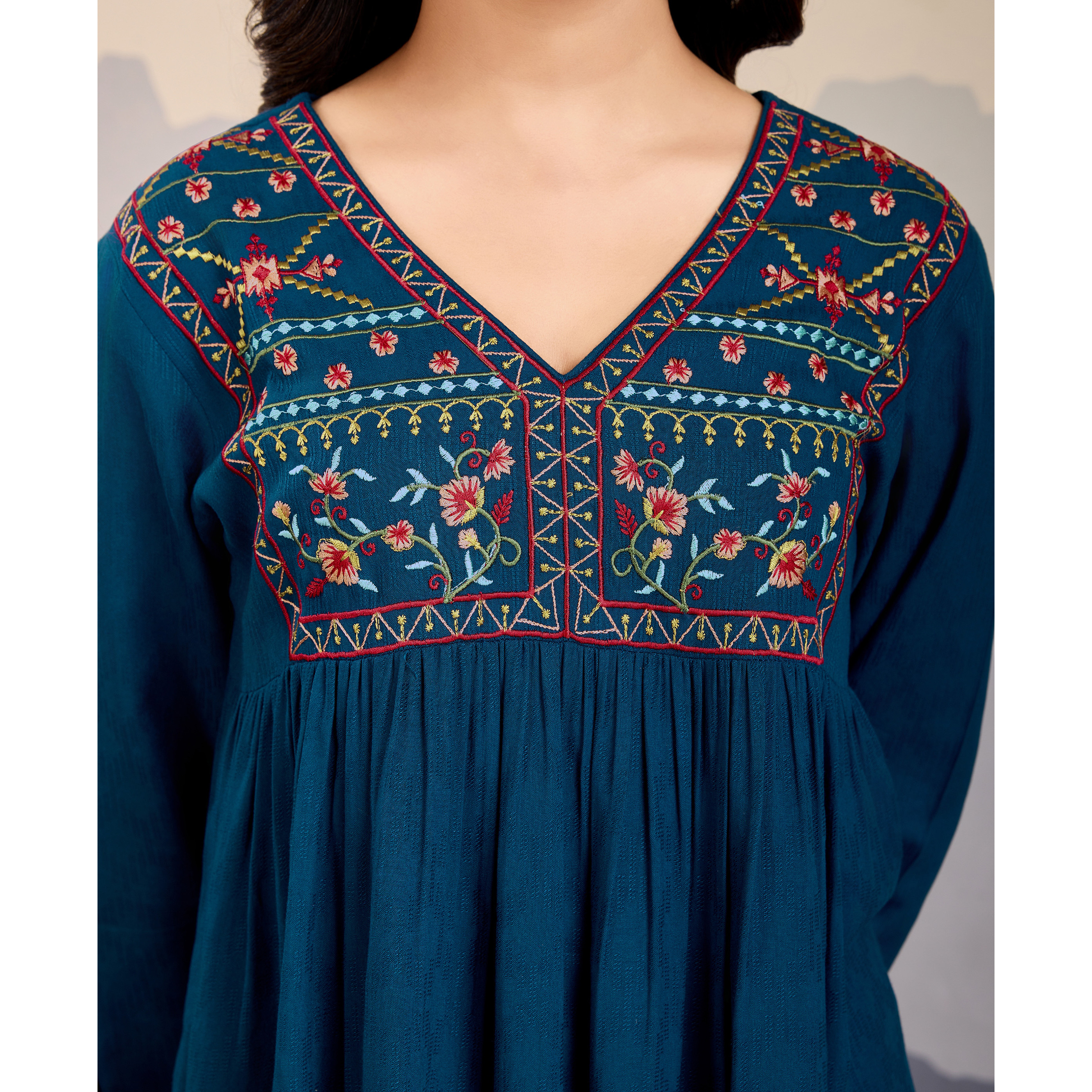 MOJILAA Women's Teal Pure Viscose Floral Embroidered A-line Top (Size S, Color Teal)
