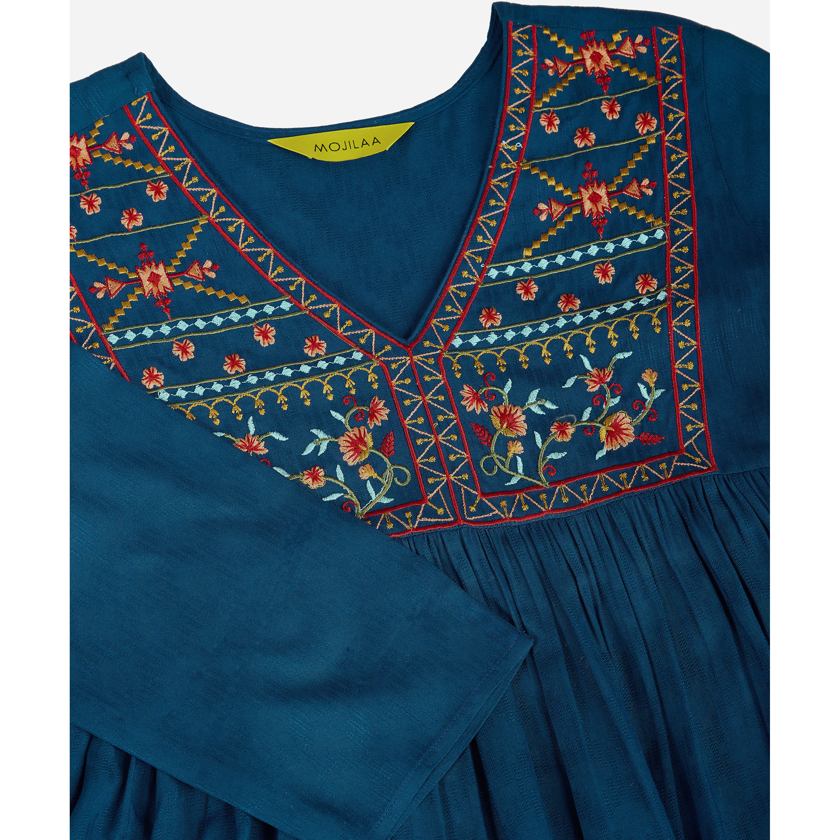 MOJILAA Women's Teal Pure Viscose Floral Embroidered A-line Top (Size S, Color Teal)