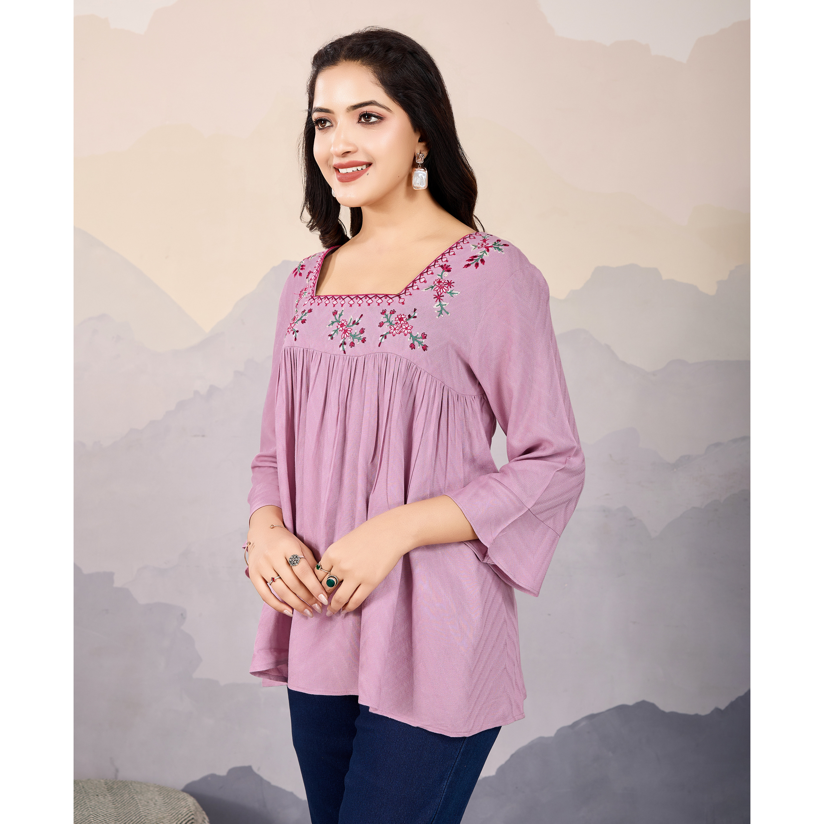 MOJILAA Women's Mauve Pure Viscose Floral Embroidered A-line Top (Size S, Color Mauve)