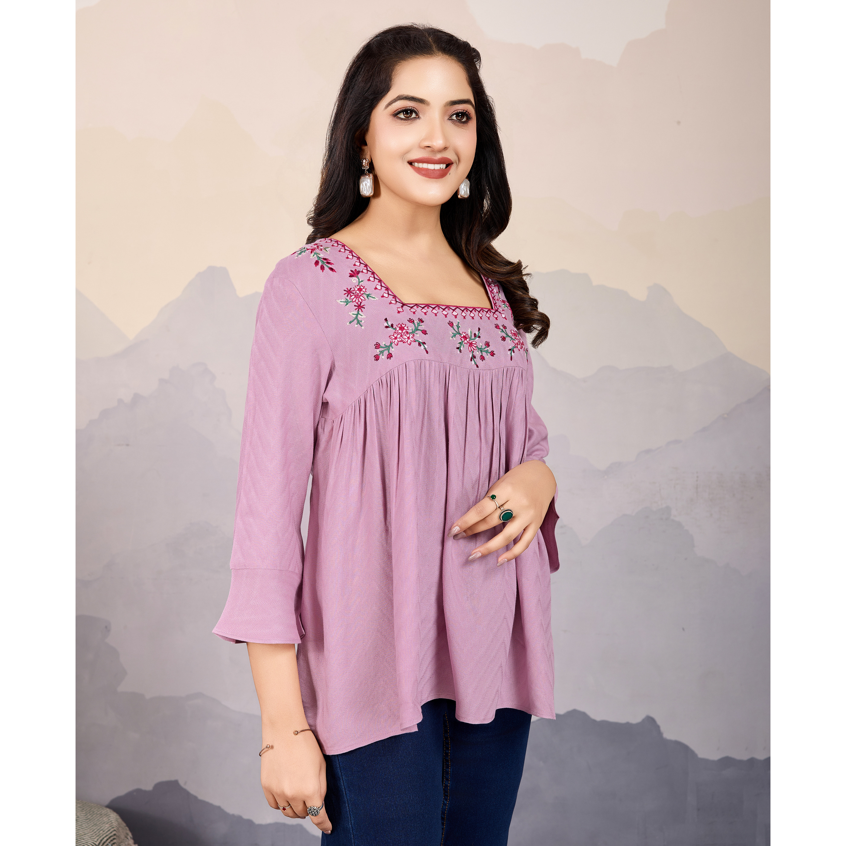 MOJILAA Women's Mauve Pure Viscose Floral Embroidered A-line Top (Size S, Color Mauve)