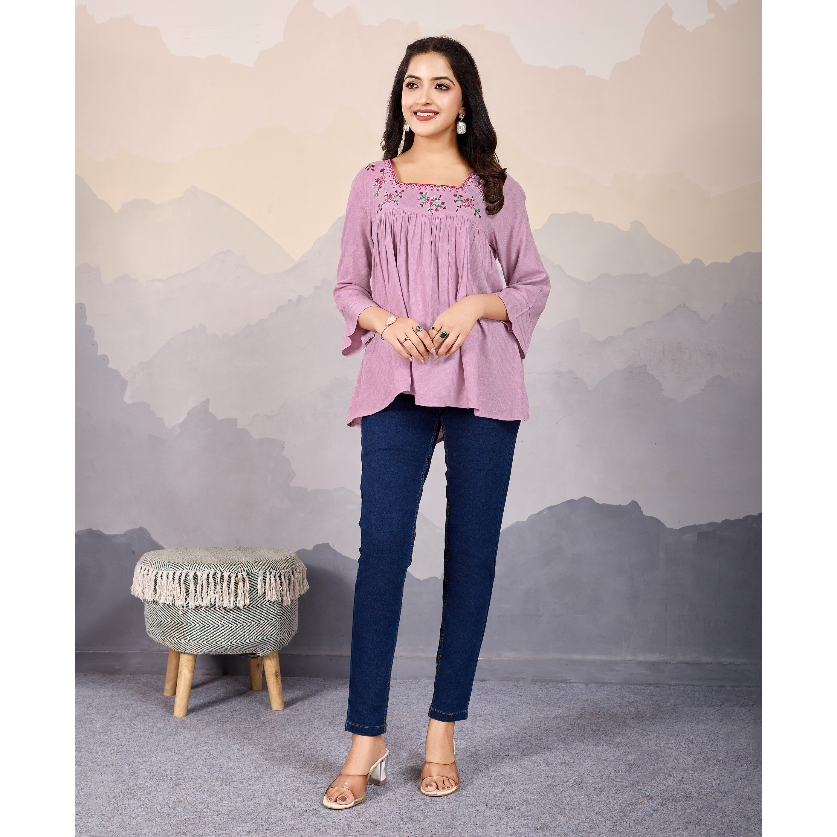 MOJILAA Women's Mauve Pure Viscose Floral Embroidered A-line Top (Size S, Color Mauve)